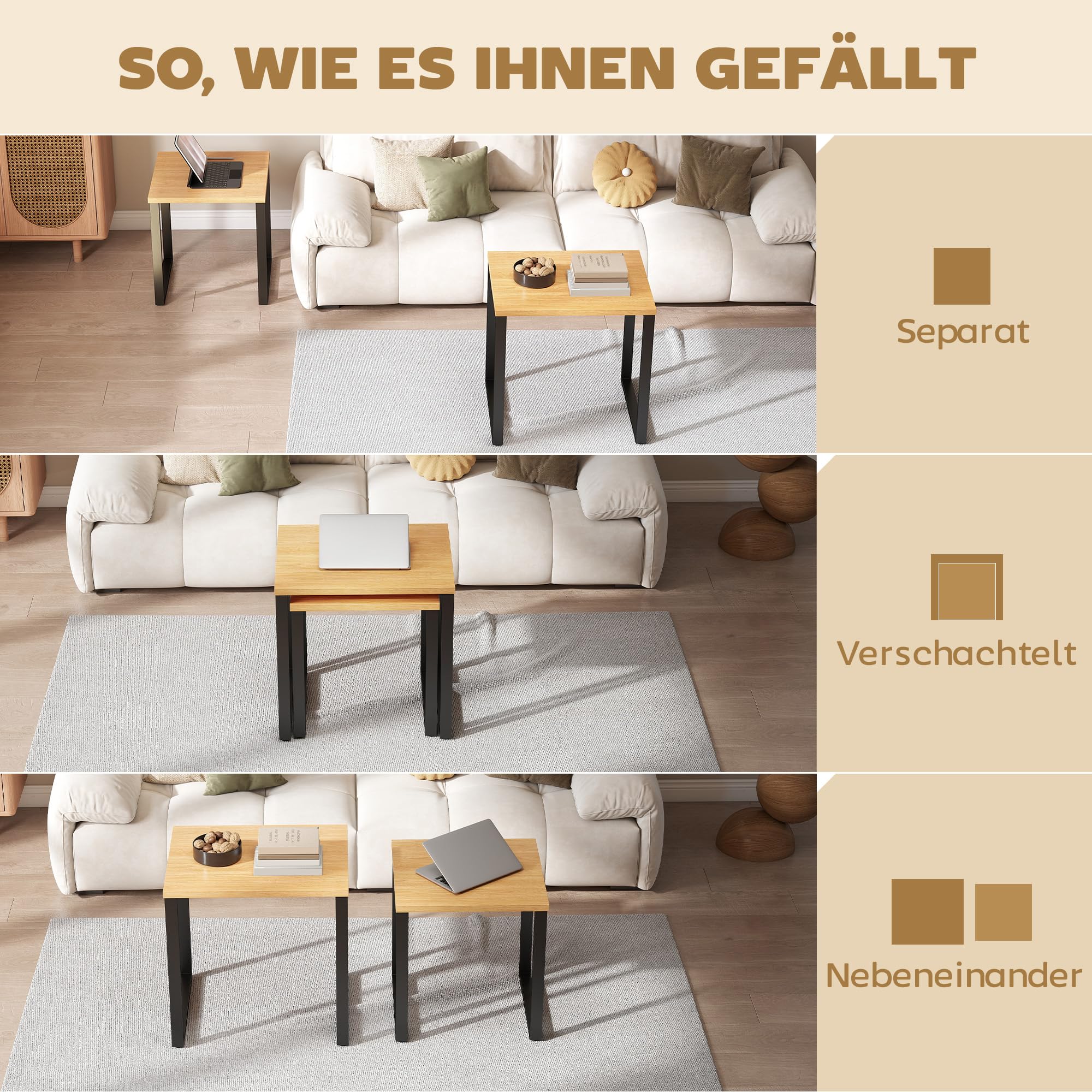 HOMCOM Couchtisch Satztisch mit Metallrahmen für Wohnzimmer Natur