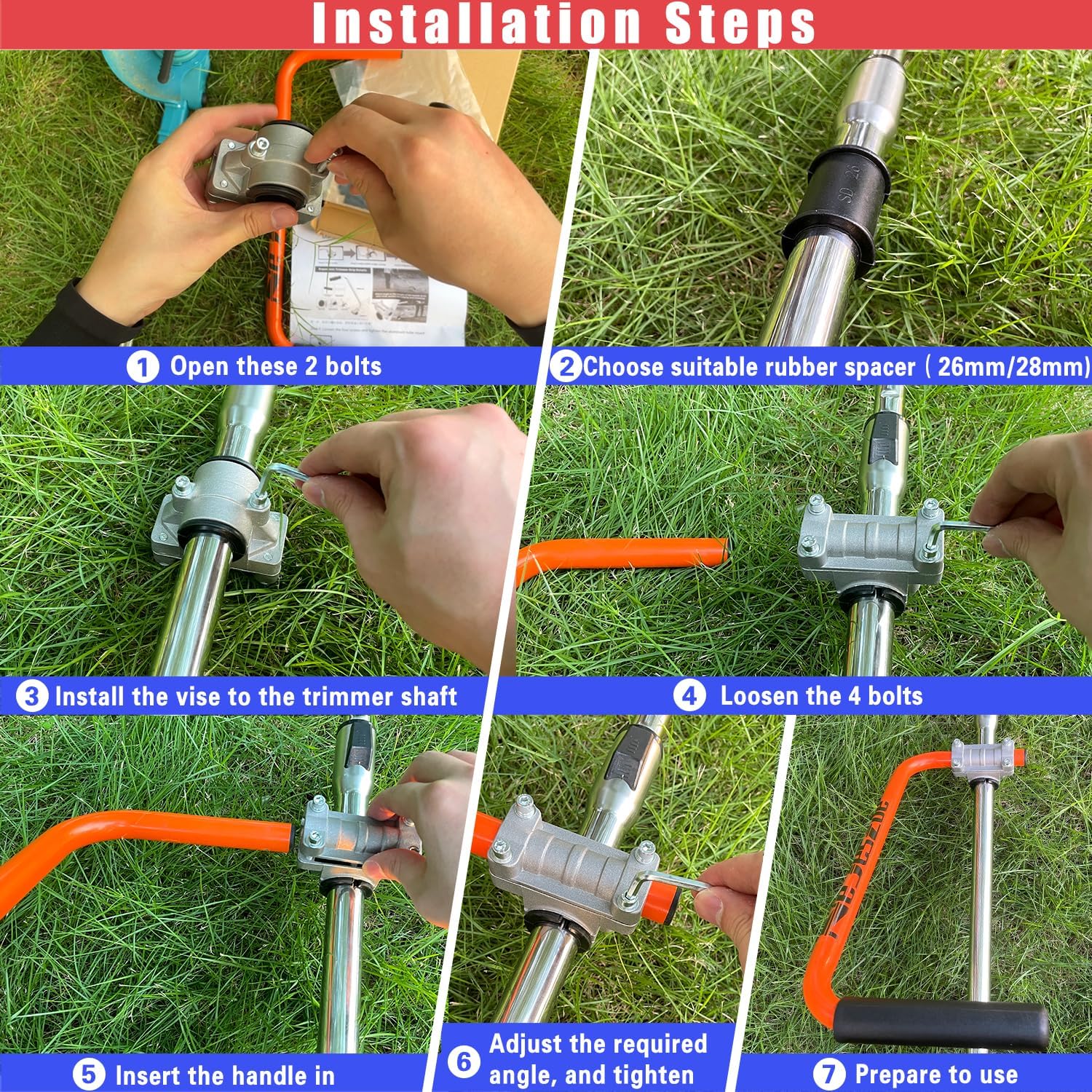 NeJesZoe Ergonomic Trimmer Grip for Weed Wackers Extension Handle, String Trimmer Handle Lawn Trimmer Handle Grip with Bracket Clamp for String Trimmer, Lawn Care, Landscaping (Orange Black)