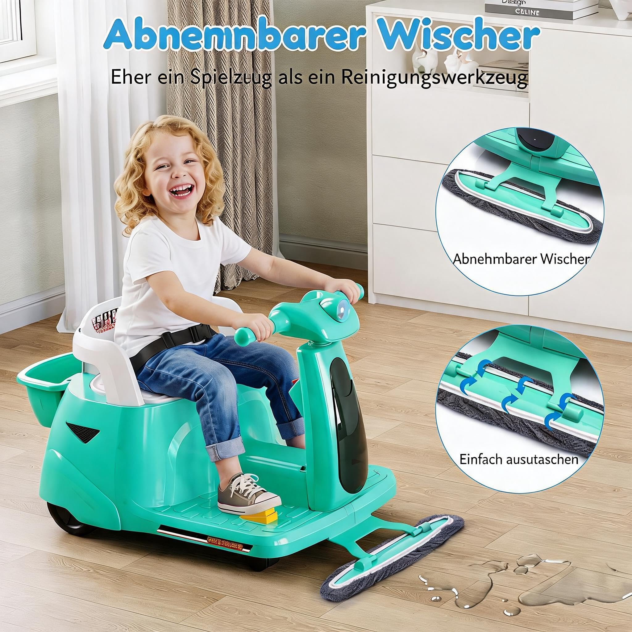 GarveeHome Kinder Elektroauto 12V 2-in-1 Mit Putzfunktion & Fernbedienung, Bluetooth, USB, LED-Lichtern, Grün