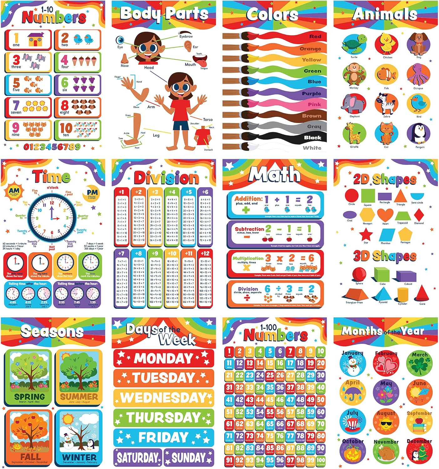 JOYIN 24 Educational Poster for Toddler Kid Kindergarten Preschool Homeschool Classroom Decoration - Numbers Alphabet Holidays Days Months Animals Maths and More with Glue Point Dot 16 x 11 Inch : Office Products