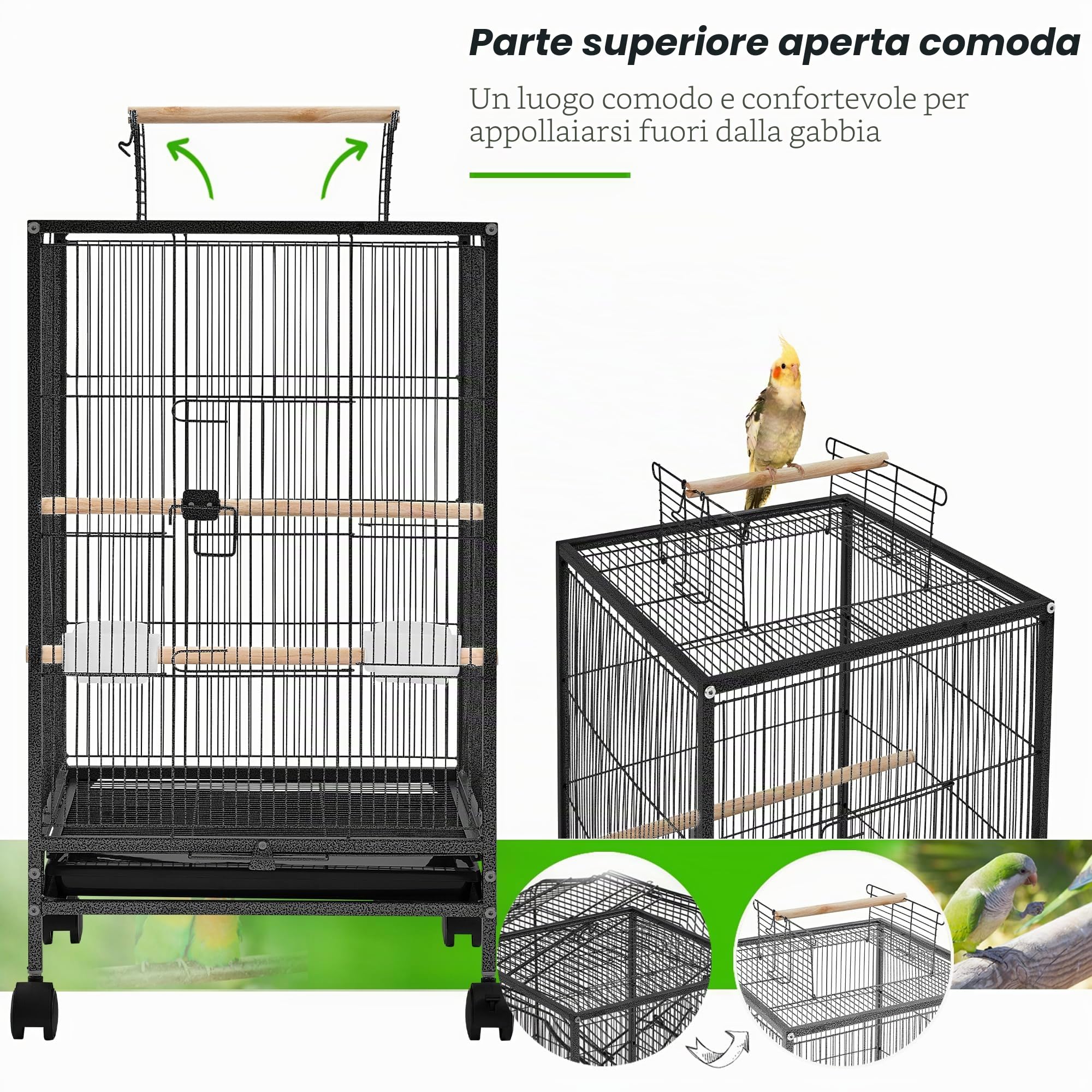 Yaheetech Gabbia per Uccelli in Metallo 45,5 cm x 45,5 cm x 79 cm, con Posatoio Mangiatoia Vassoio con Ruote, Voliera per Pappagallini Canarini Fringuelli, Gabbietta da Esterno Interno, Nera