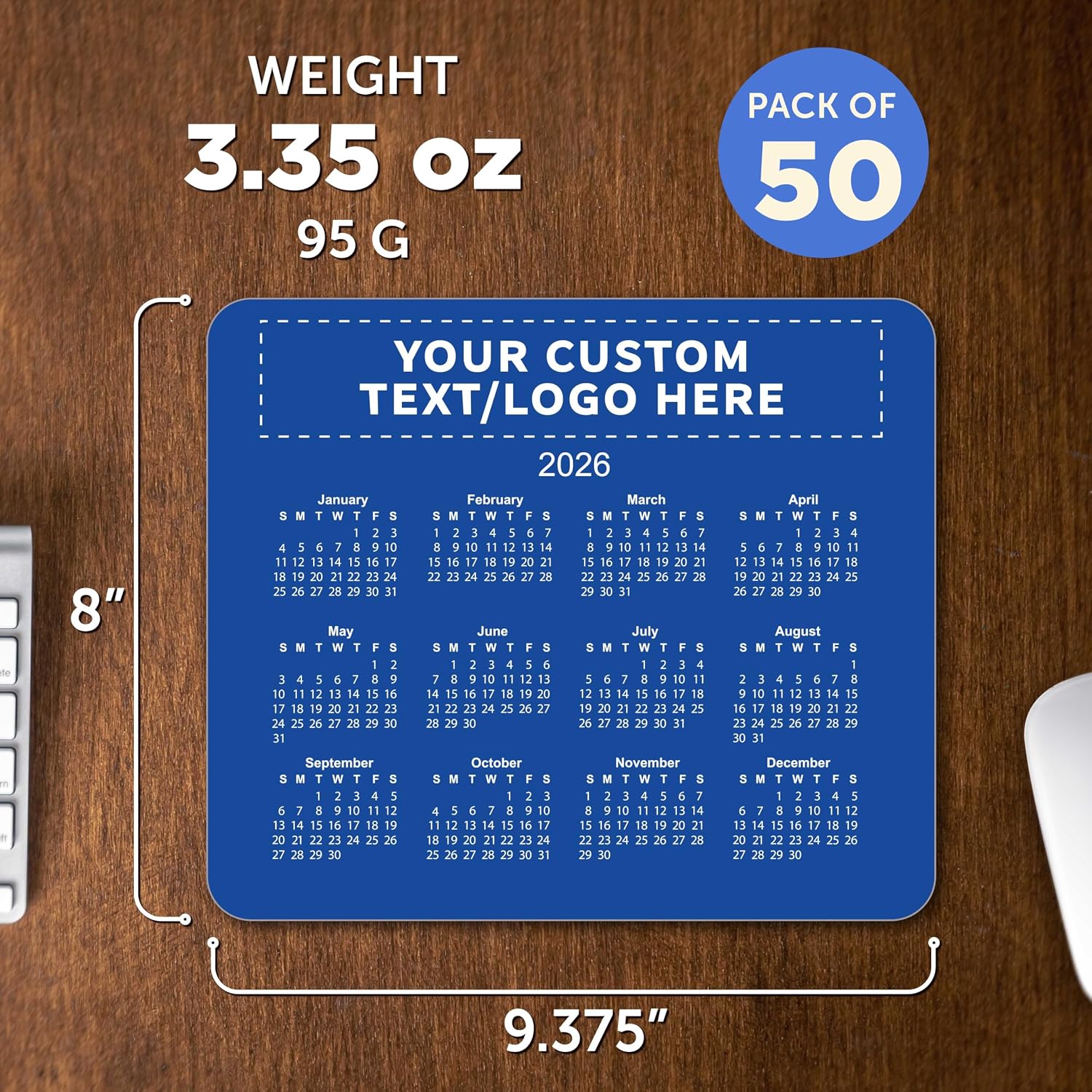 Custom Horizontal Calendar Mouse Pads Set of 50, Personalized Bulk Pack - Great Gift for Employees, Clients, and for Tradeshows - Blue