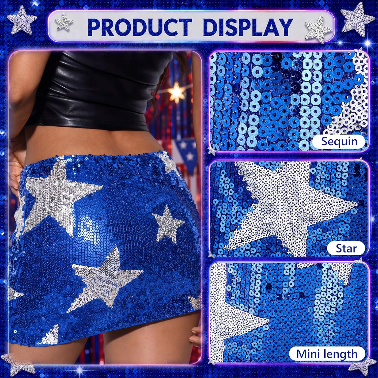 4th of July Sequin Mini Skirt Outfit Women Patriotic Star Sparkly Glitter Bodycon Micro Skirt for Rave Party Parade