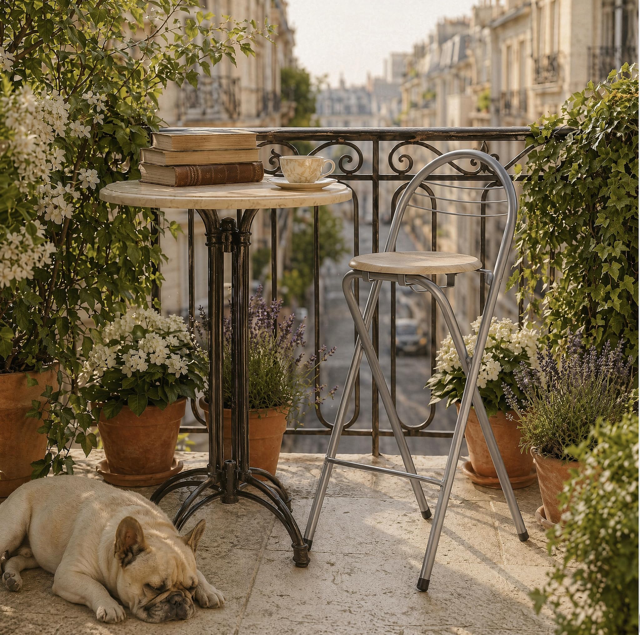 Tabouret Haut de Bar Pliant Lot de 2, Chêne&Argent/Hauteur D'Assise 61CM | Tabouret et Chaise de Bar Haute Pliante Pliable avec Dossier pour Exterieur Interieur Camping Jardin Balcon Salon
