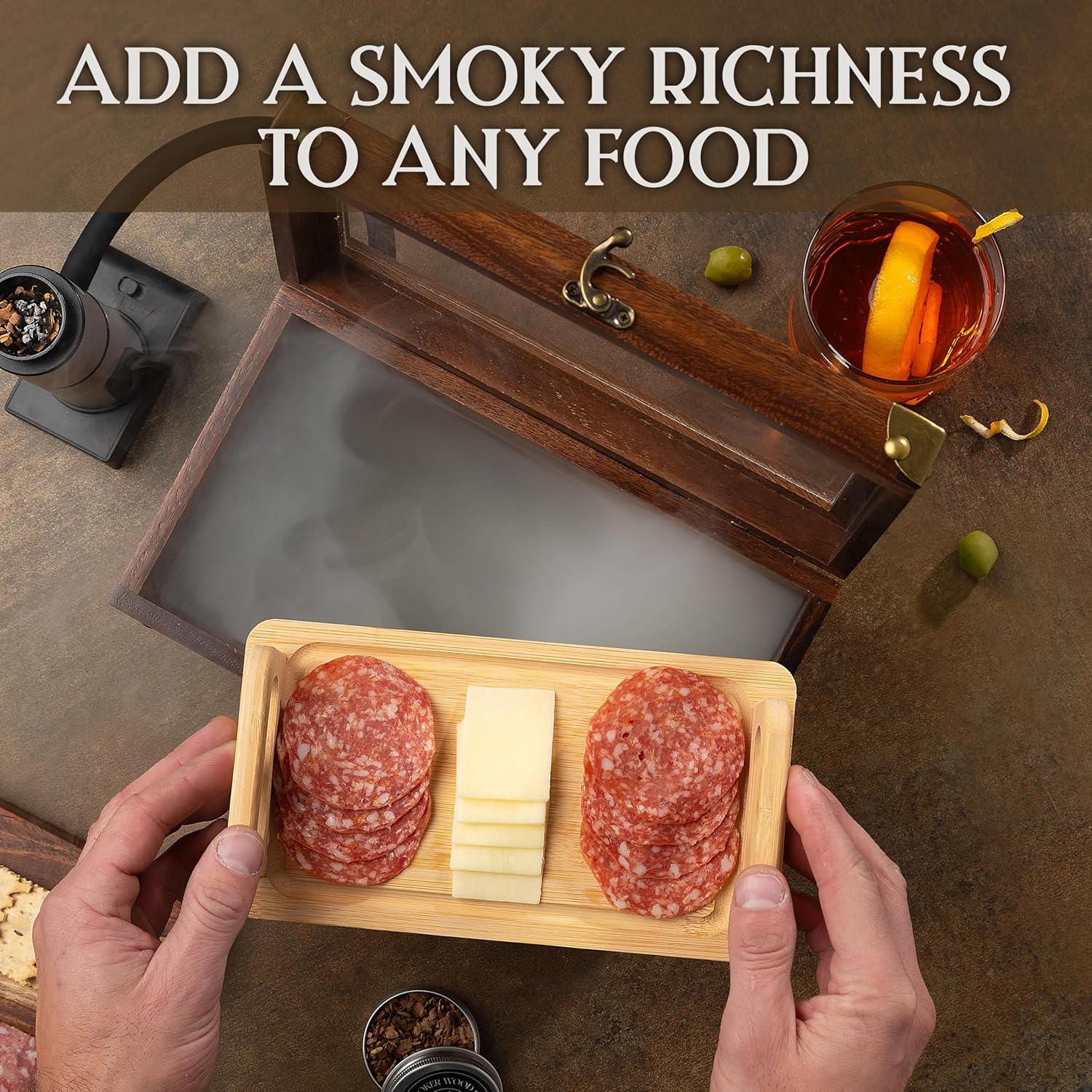 BOURBON&BARREL Cocktail Smoker Kit | Crafted with Walnut Wood | Whiskey Smoker Kit with Instant Smoker, Smoking Box, Food Tray and 4 Varieties of Wood Chips | Old Fashioned Drink Smoker [Walnut] - Image 3