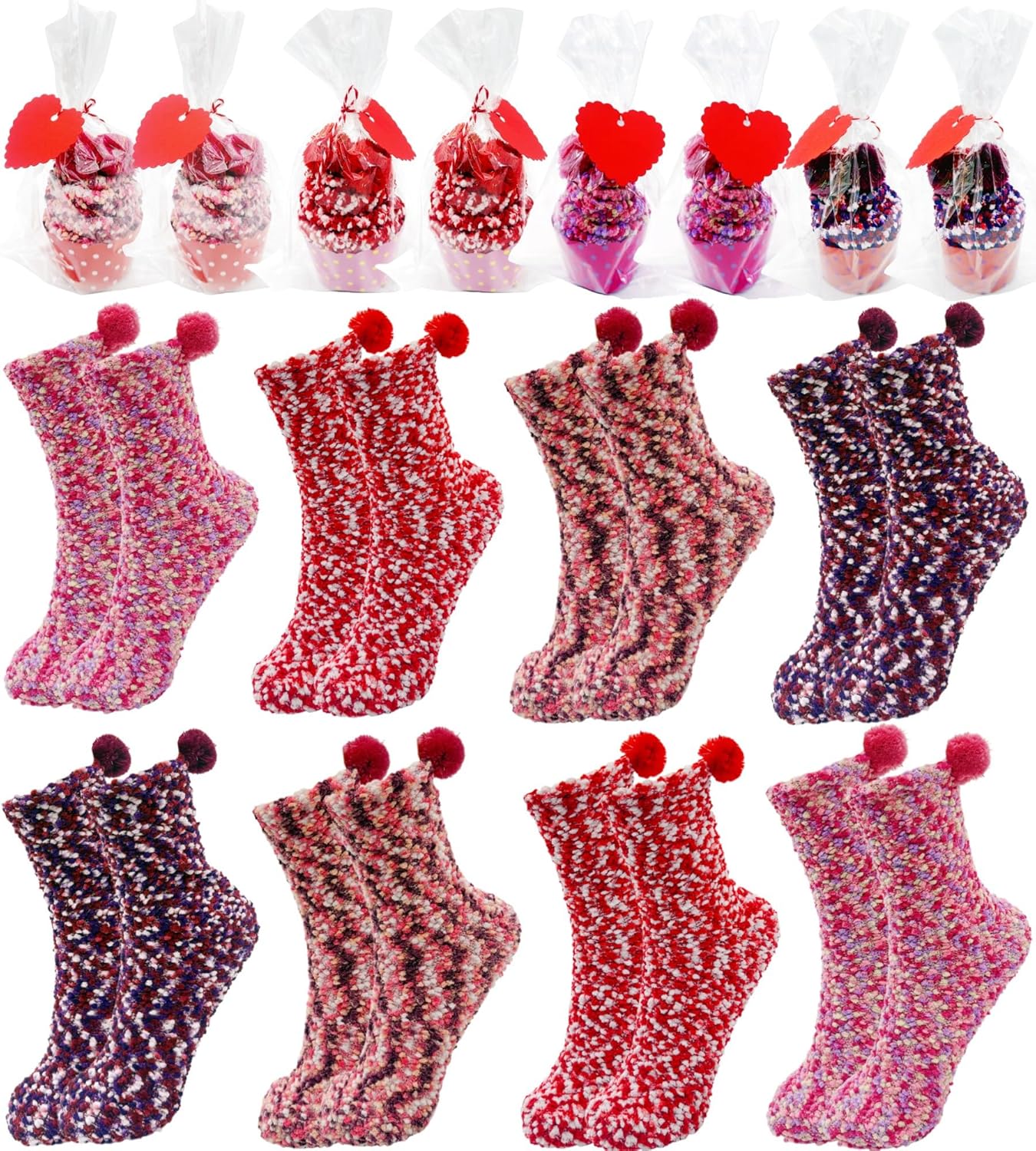 Valentine's Day Cupcake Socks, 8/12/24 Pairs Fuzzy Fluffy Slipper Socks, DIY Valentine Gift