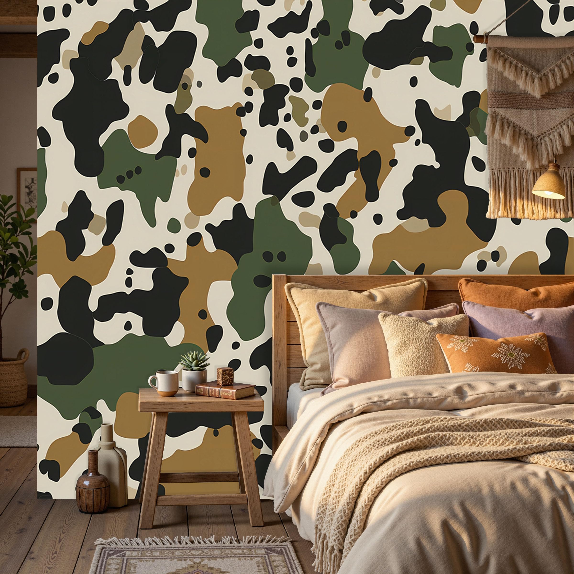 Papier peint mural salon camouflage vert militaire grand format 350x256cm