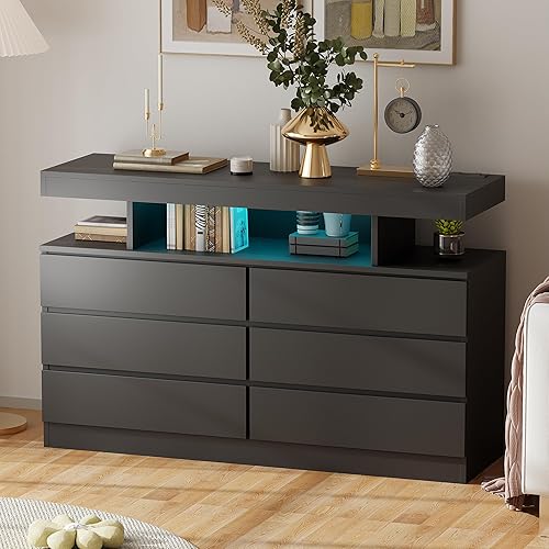 Miniatura 9 de BEWISHOME Cómoda negra para dormitorio con estación de carga y luces LED, cómoda de 6 cajones, cómodas de madera para armario, cómodas modernas con