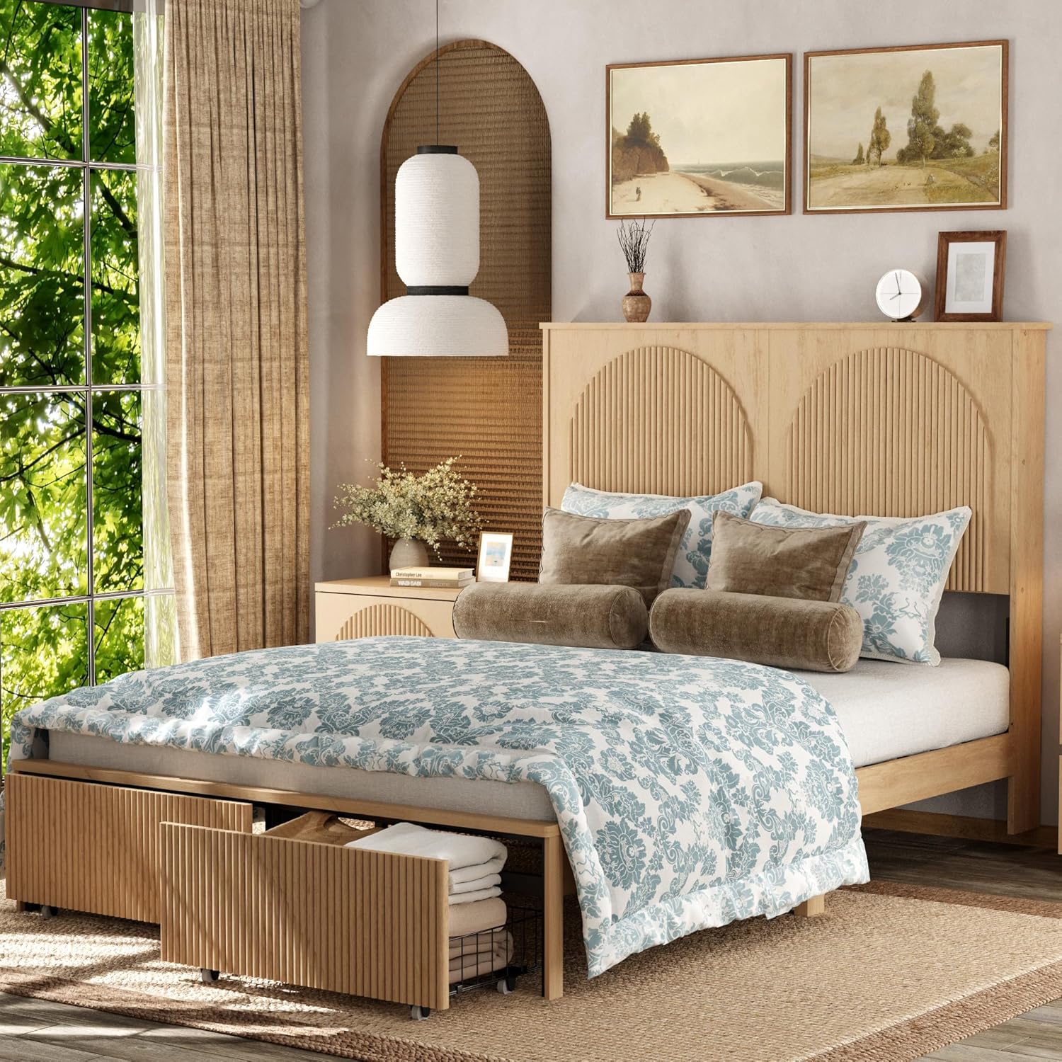 Yechen King Bed Frame with 52.4" Tall Headboard, Fluted Bed Frame with 2 Storage Drawers, Modern Arched Reeded Wood Beds, Wooden Platform Bed, No Box Spring Needed, Natural Oak, 2 Package