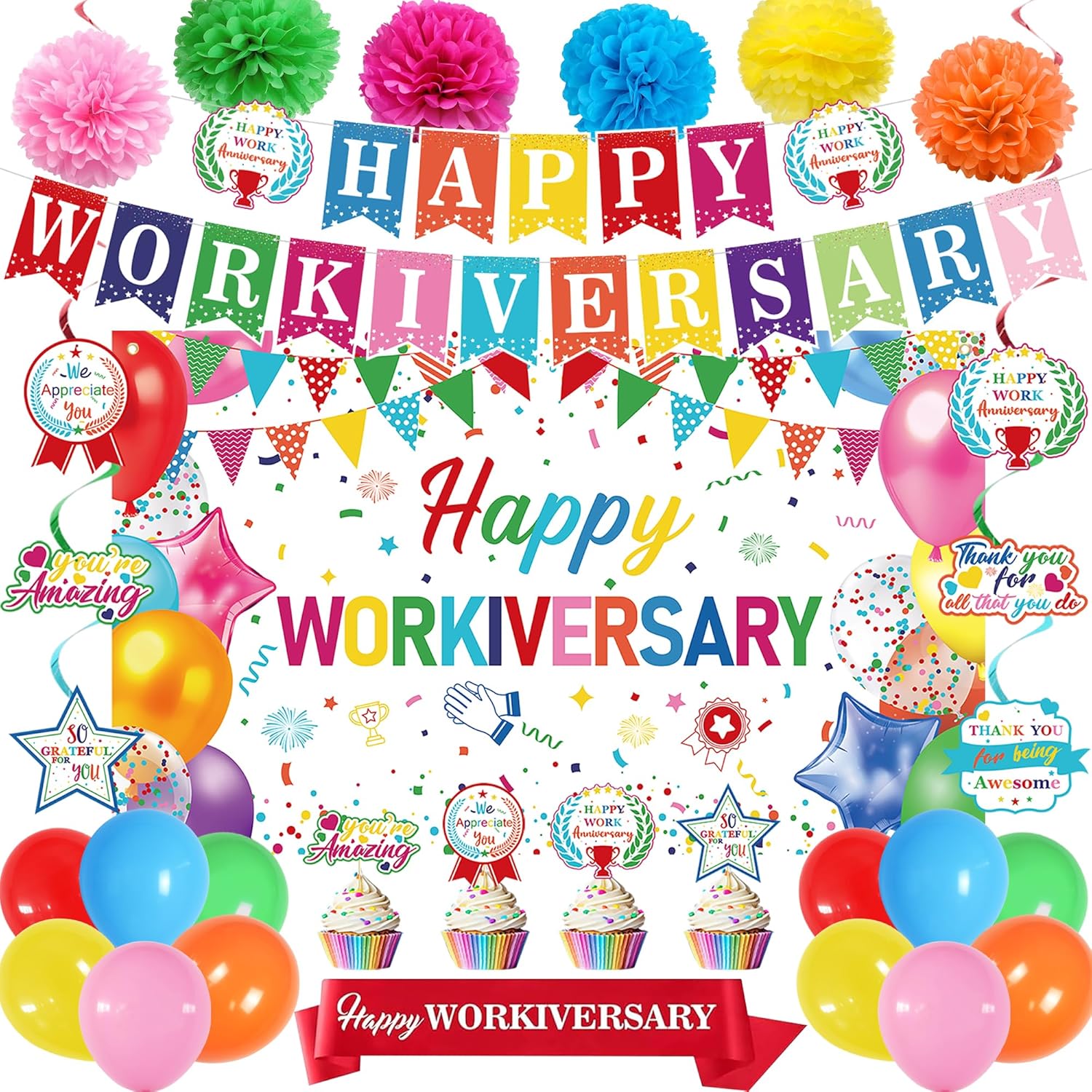 DARUNAXY Happy Workiversary Party Decorations for Men Women, Colorful Happy Work Anniversary Banner Cake Topper Hanging Swirl Confetti Balloons Decor Set for Employee Office Party Supplies(31PC)