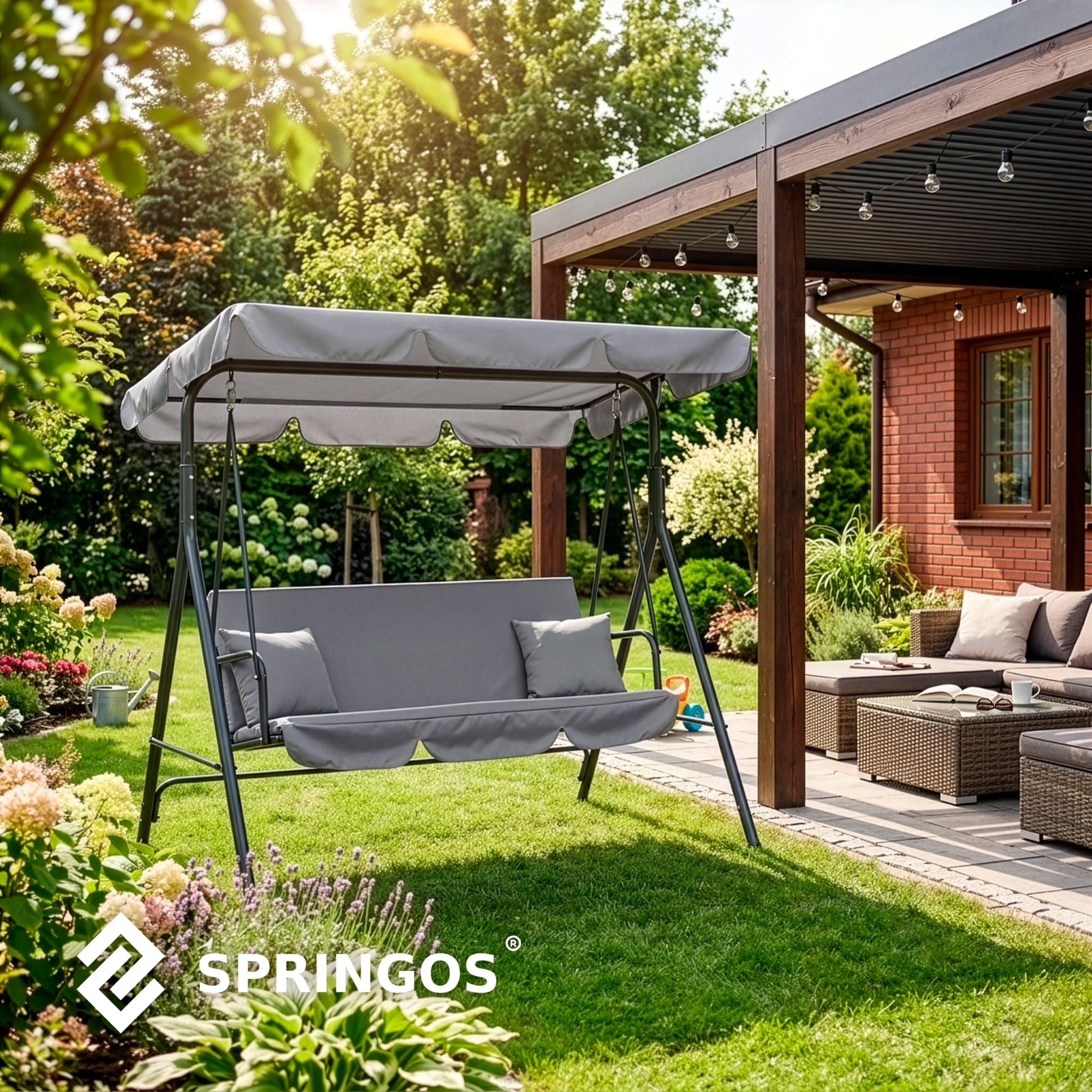 SPRINGOS Balancelle de jardin Luna avec toit, coussin, balancelle 3 personnes, H x L x P : 150 x 170 x 110 cm (gris)