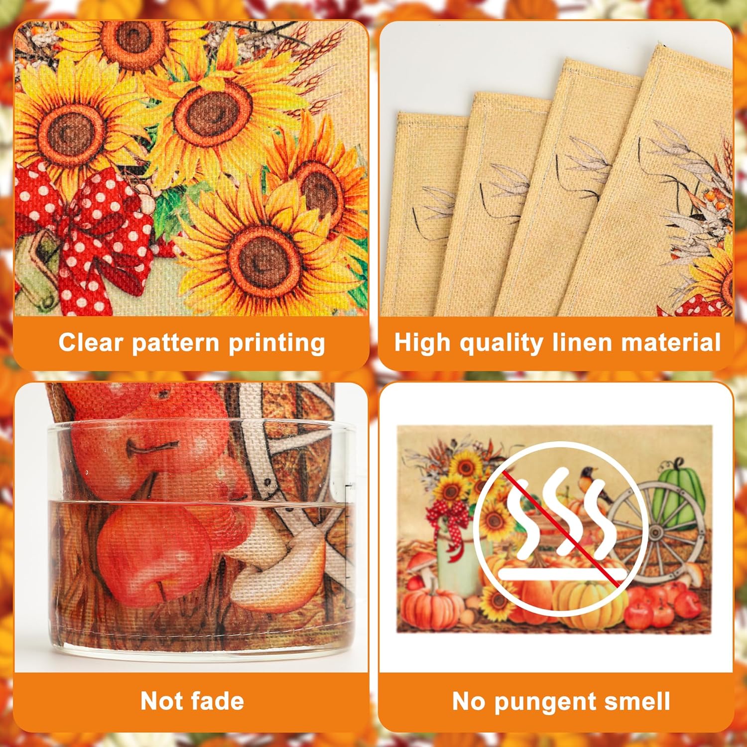 Fall Placemats Set of 4 Autumn Farmhouse Table Mats Pumpkins Sunflower Table Place Mats for Kitchen Dining Tables Thanksgiving Harvest Home Party Decorations, 12 x 18 inch