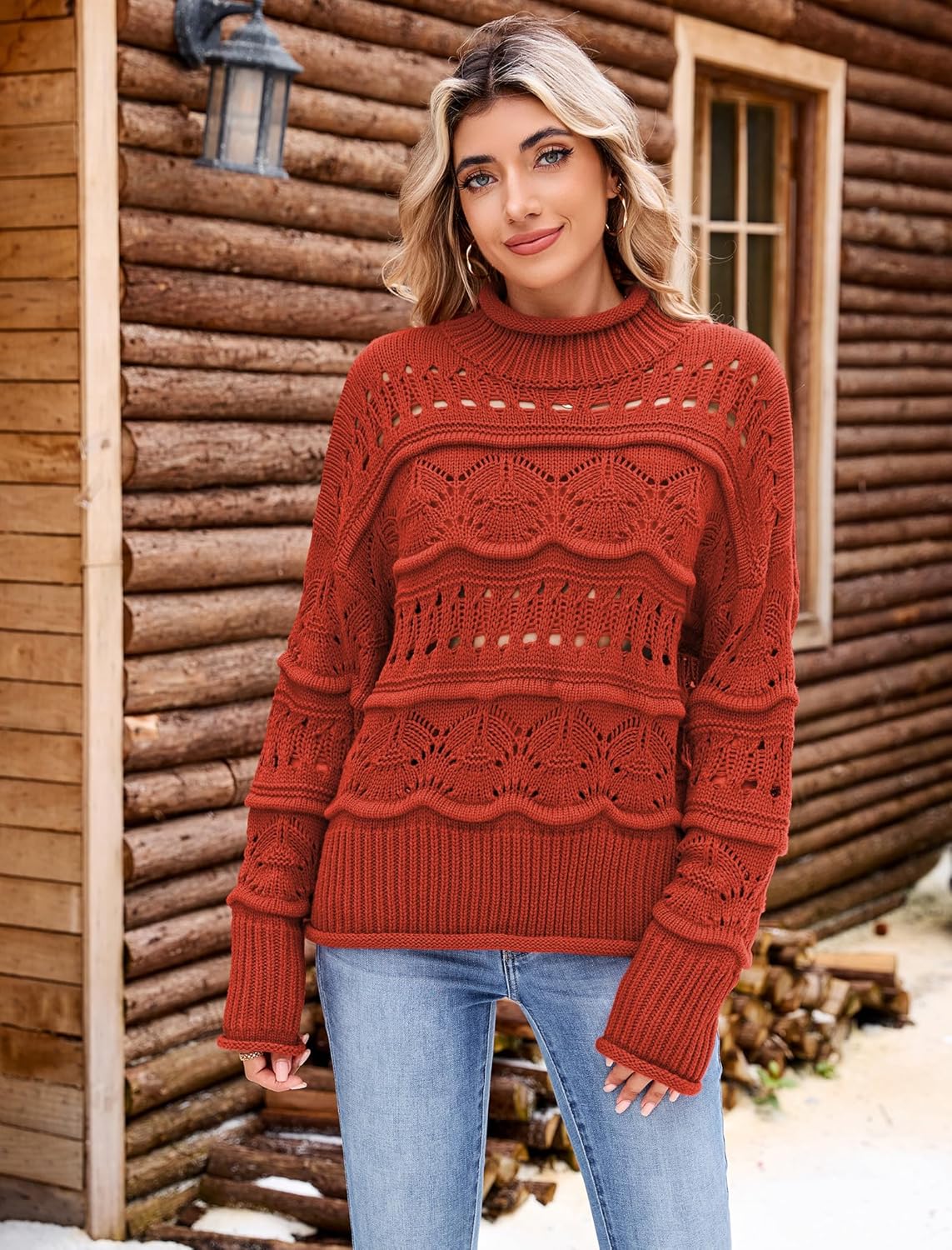 ZAFUL Women's Sweaters Turtleneck Crochet Hollow Out Long Sleeve Sweater Cute Fall Winter Casual Pullover Jumper Tops - Image 4