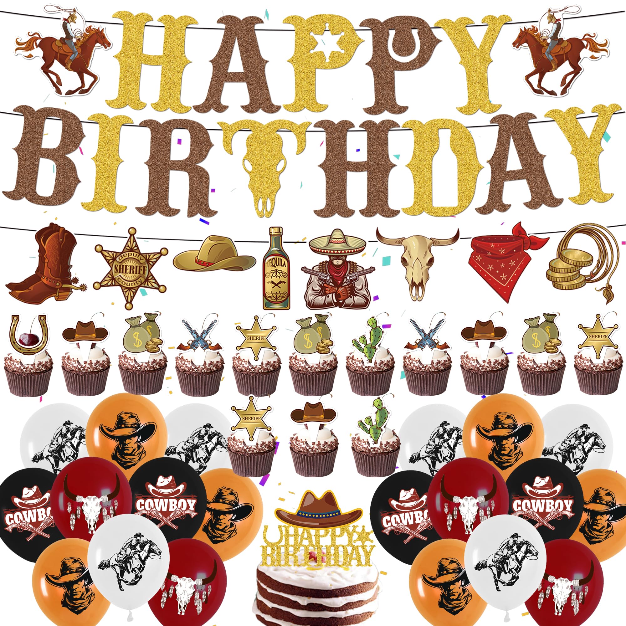 Wild West Birthday Party Decorations - West Cowboy Banner Decoration Set with Cake Topper, Happy Birthday Banners Western Latex Balloons Cupcake Topper for Cowboy Theme Party Supplies