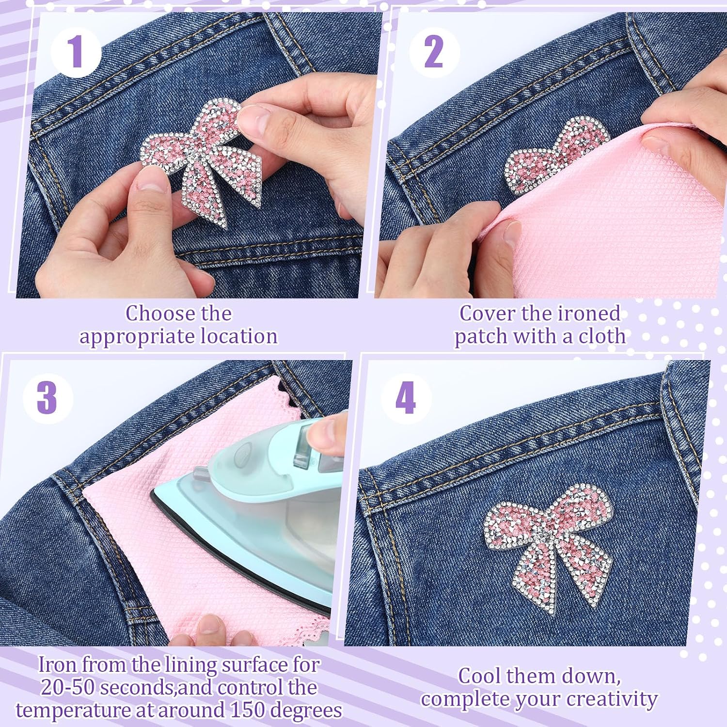 Daifunli 24 Psc Bow Iron on Patches Rhinestone, Cheer Iron on Bow Patches, Multicolor Sparkling Crystal Sequin Appliques for Clothes Jeans Jackets Bags Backpacks Hat Shoe Decorations Craft(Pink)