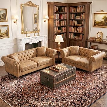 2 Pieces Chesterfield Sofa, Faux Leather Loveseat Sofa & 3 Seater Couch Sets with Button Tufted Back, Mid Century Modern 5-Seater Couch with Rolled Arms & Deep Seat for Living Room Brown