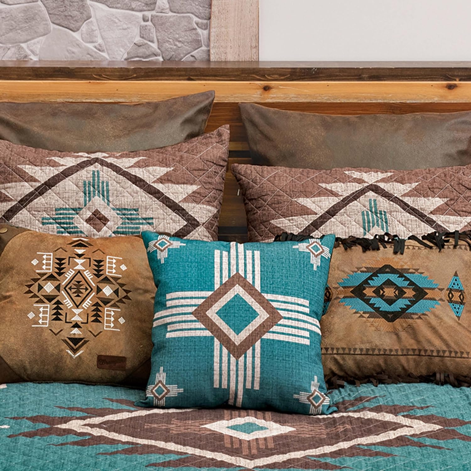 BLACK FOREST DECOR Mocha Turquoise Southwest Quilt Bed Set – King Size Quilt with Native American Tribal Patterns