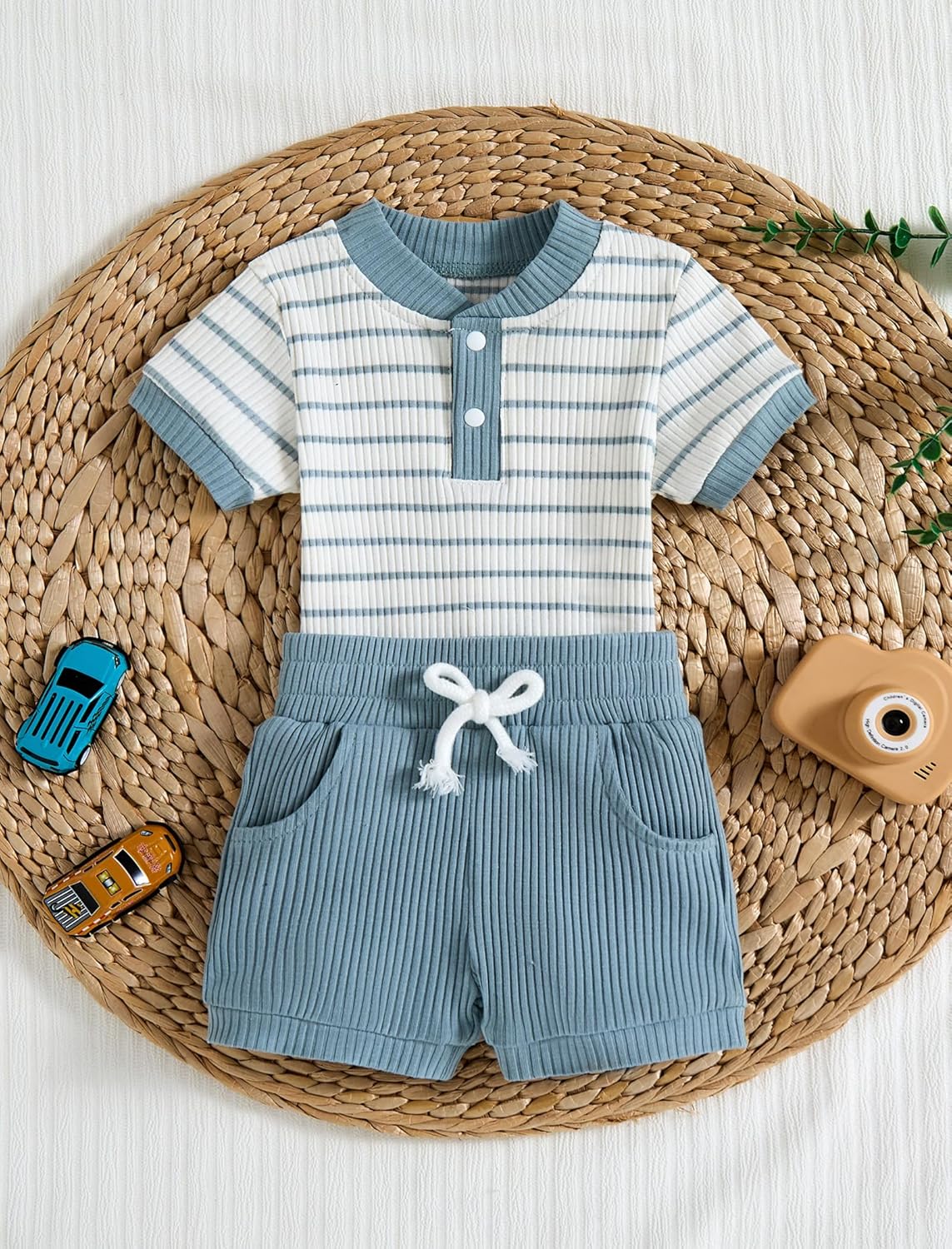 Baby Boy Outfits Ribbed Short Sleeve Striped Romper Top Solid Shorts with Pocket Baby Boy Summer Clothes 0-18M - Image 7