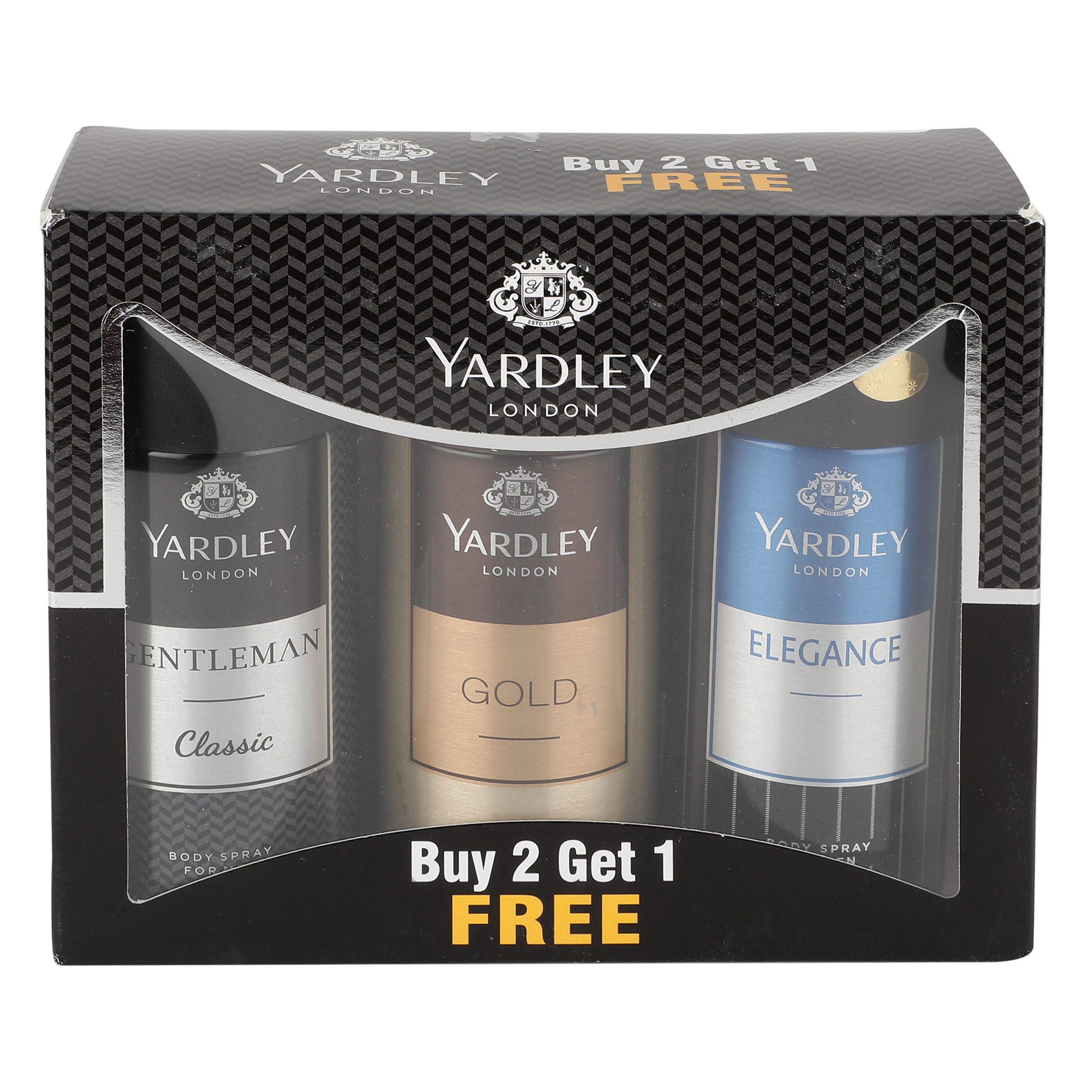 yardley london gentleman classic deo with gold body spray and elegance deo for men, 150ml (pack of 3)