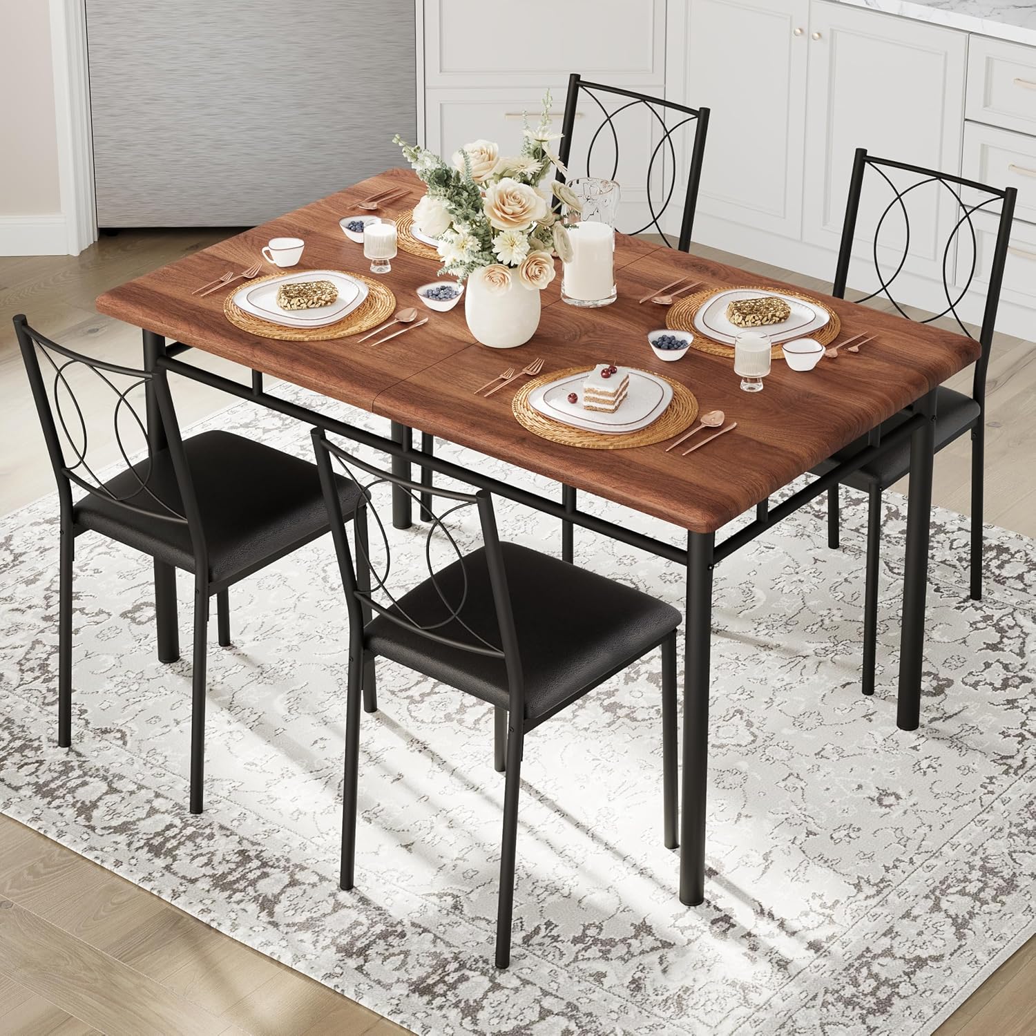 Garvee Dining Table Set for 4, Small Kitchen Table with Upholstered Chairs, Farmhouse Wood Dining Table Chairs for Kitchen Room, Small Spaces, Apartment,Walnut