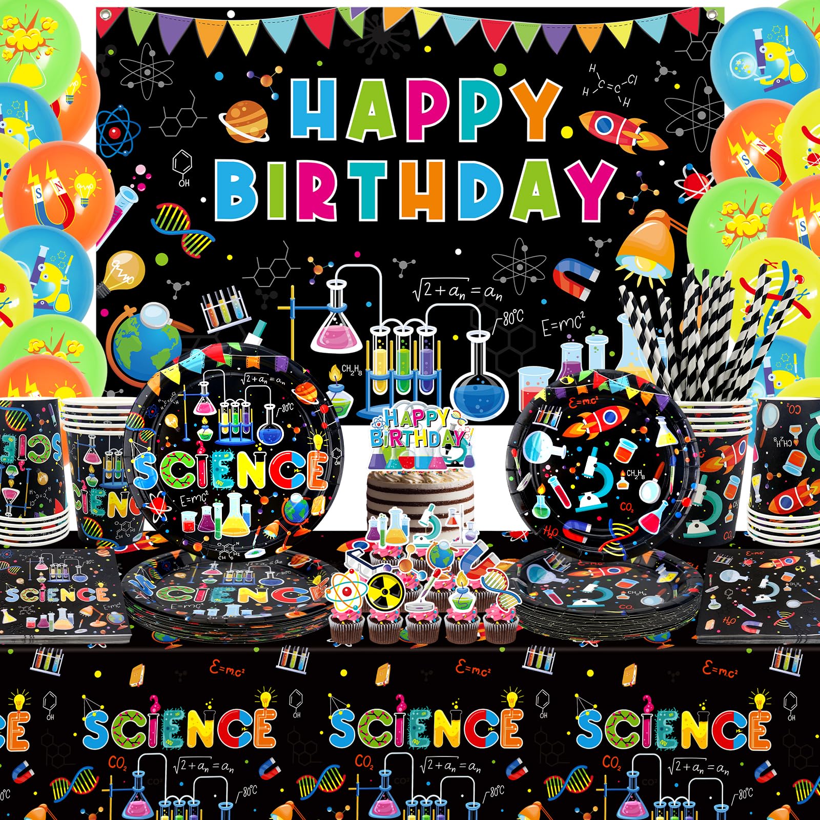 Science Party Supplies, Includes Happy Birthday Backdrop, Plates, Tablecloth, Cups, Balloon and Straws, for Little Scientist Lab Decoration Serves 20 Guests