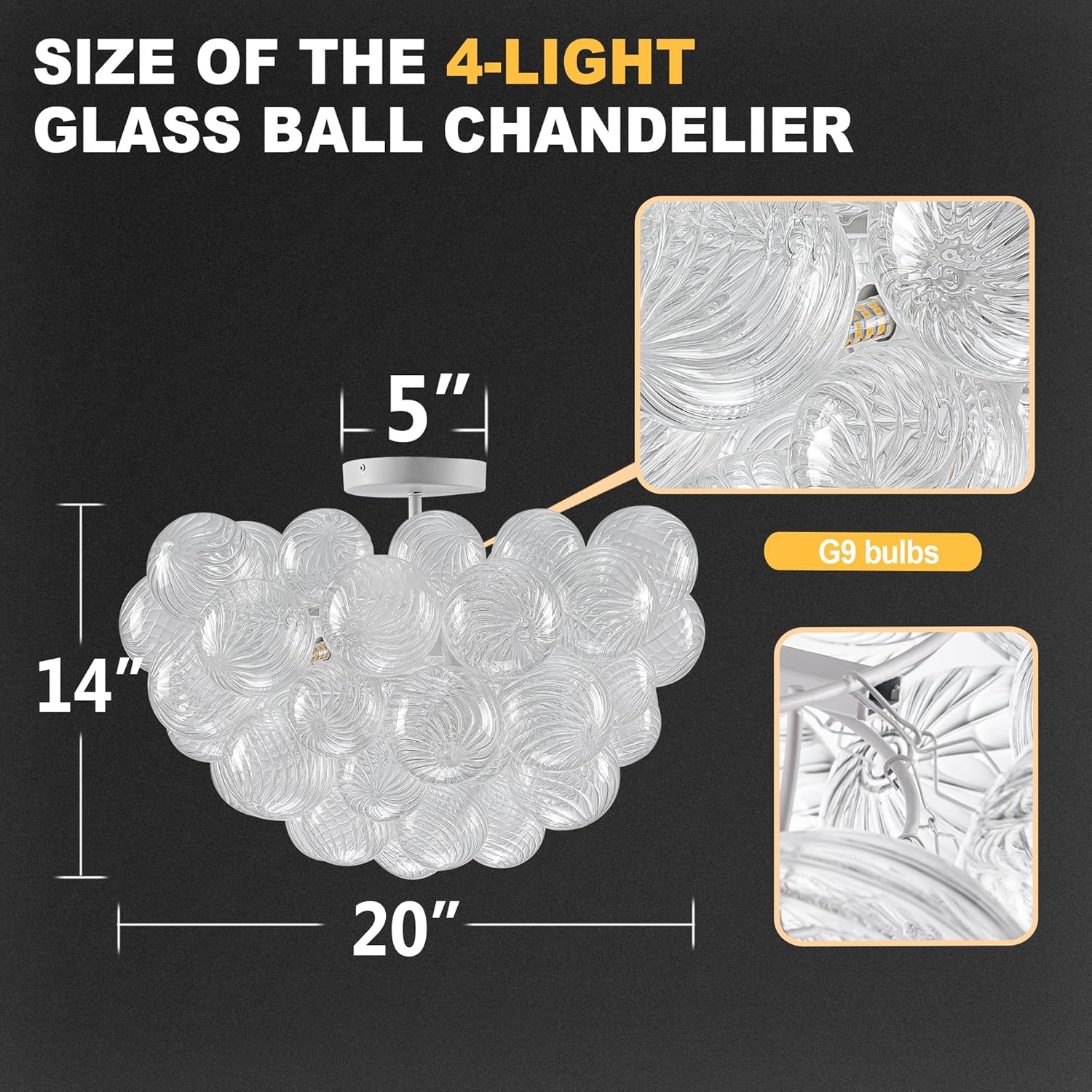 Hand Blown Glass Bubble Ball Chandelier White Finish 20" Semi Flush Mount Ceiling Light Fixture Art Deco Cluster Ribbed Blown Glass Globe Lighting for Bedroom Dining Entry Lobby Bar