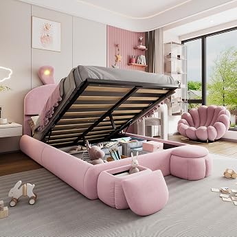 Upholstered Bed 140 x 200 cm Hydraulic Storage Bed with 2 Storage Stools and LED Bedside Lighting Fold-Out Rabbit Ears LED Double Bed with Storage Space and Slatted Frame Velvet Pink without Mattress