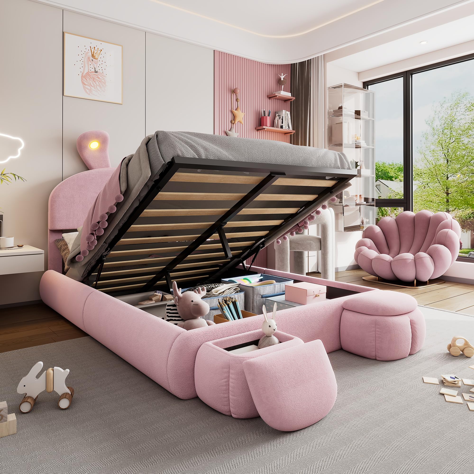Letto Matrimoniale con Contenitore 140x200 con LED e 2 Sgabelli Contenitore, Letto Una Piazza e Mezza con Testiera e Vano Portaoggetti, Bambini con Rete a Doghe Struttura in Velluto, Rosa