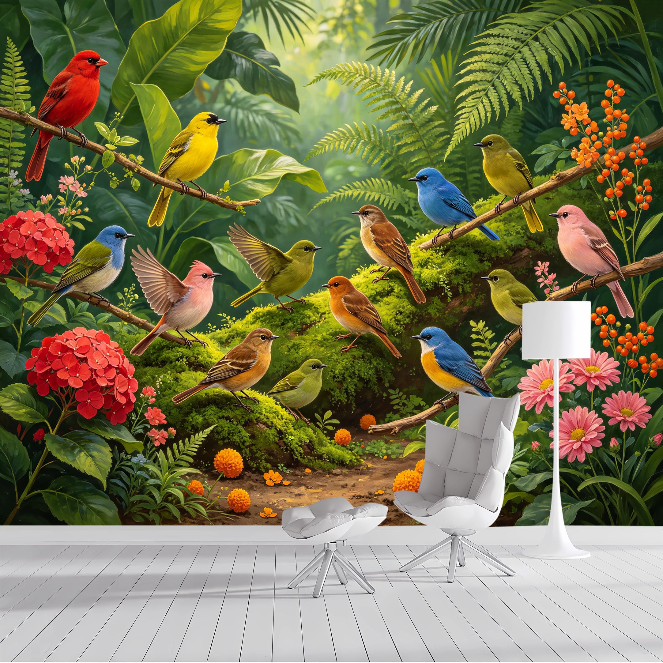 Yzpallescene Bh260711085 Custom Size Wall Mural Tropical Birds Botanical Jungle Selfadhesive Wall Fabric Removable Peel And Stick Wallpaper Wall Decor For Living Room Bedroom Bathroom