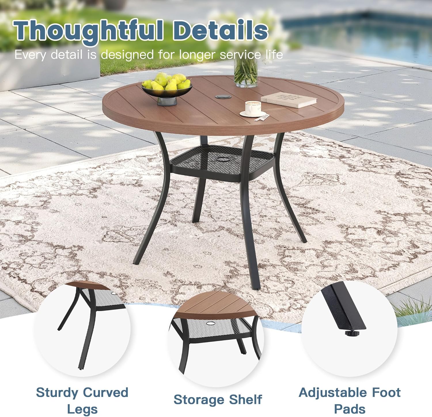 DIFY 5 Pieces Outdoor Dining Set for 4, 40.6" Round Dining Table with Umbrella Hole & Wicker Swivel Patio Chairs with Cushions, Metal Patio Table and Chairs Set for Backyard Porch Garden, Walnut