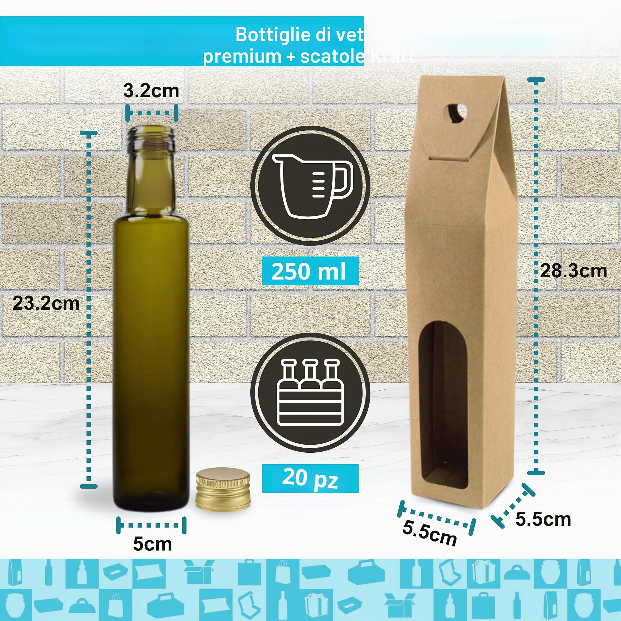 Set 20 Bottiglie di Vetro Scuro 250 ml con Tappo a Vite Dorato + 20 Scatole – Oliera Regalo per Olio, Aceto, Alcol e Salse | Espirito Rebelde