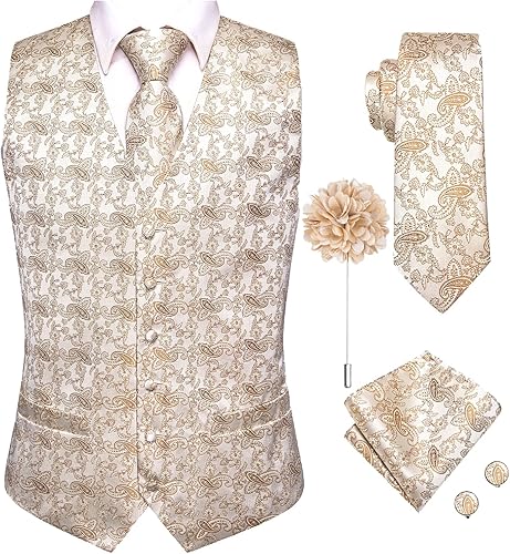 Hi-Tie Men's Suit Vest Tie Set With Lapel Pin Or Tie Clip Silk Waistcoat Necktie Handkerchief For Wedding Formal Tuxedo
