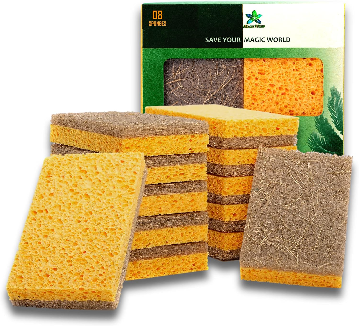 Natural Sponges for Dishes –MAGIX WORLD Eco Friendly Sponges – Plant Based Compostable Sponge - Biodegradable Cellulose Sponges – Pack of 08 Walnut Scrubber Sponge – Odor Free and Non-Scratch