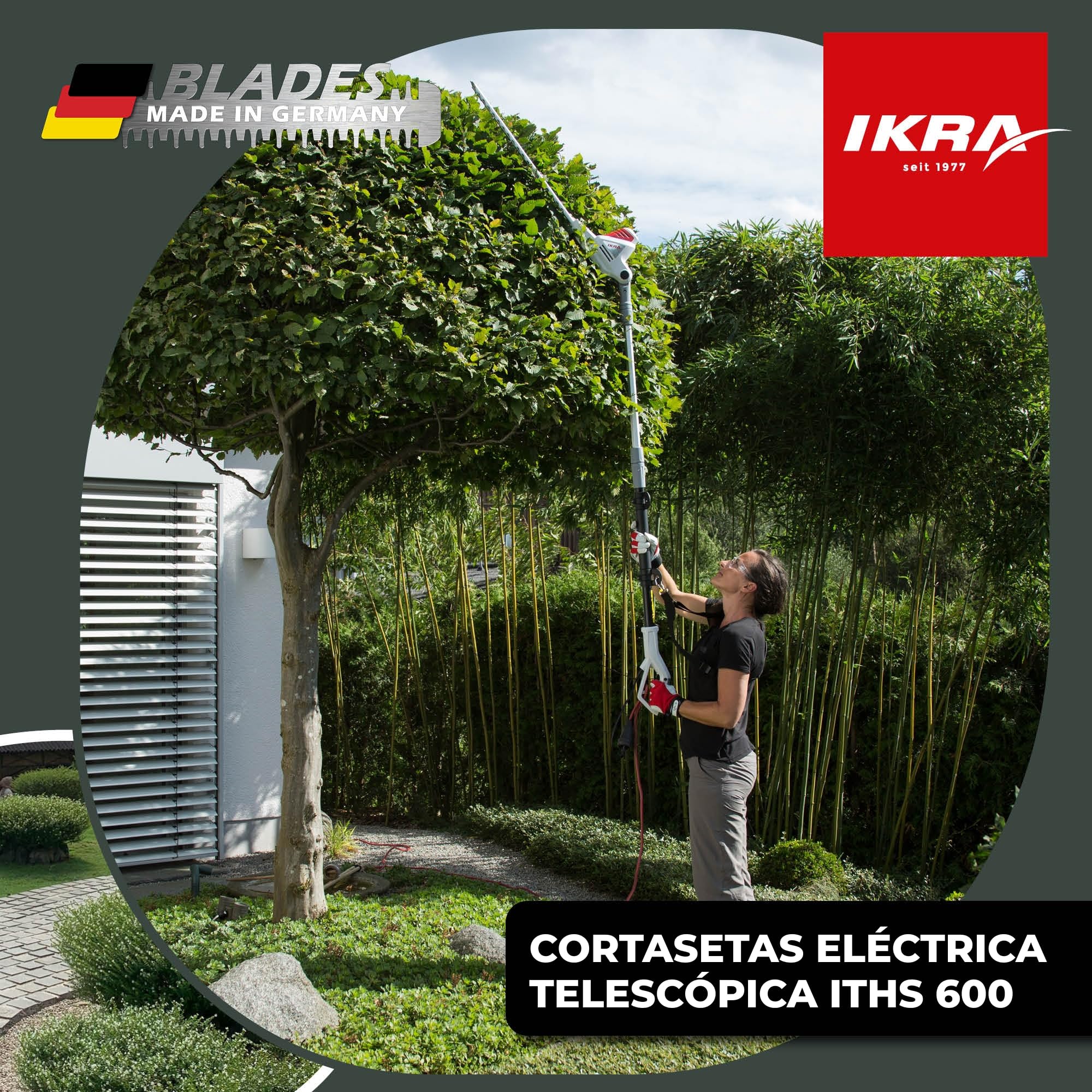 IKRA cortasetos telescópico eléctrico ITHS 600, longitud 51 cm, con gafas | Telescópico y con ángulo ajustable, grosor de corte de 20 mm, incluye correa para el hombro, cuchillas fabricadas en Alemania