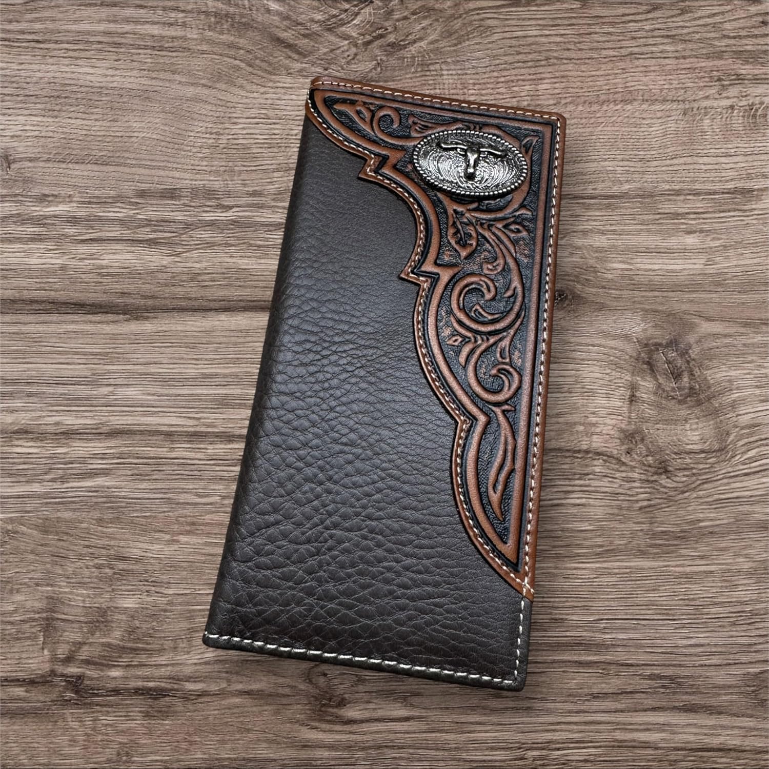 Men’s Long Leather Wallet – Tooled Inlay with Longhorn Concho – Western Bifold Checkbook Wallet for Cowboys, Ranchers & Texas Cattlemen - Image 2