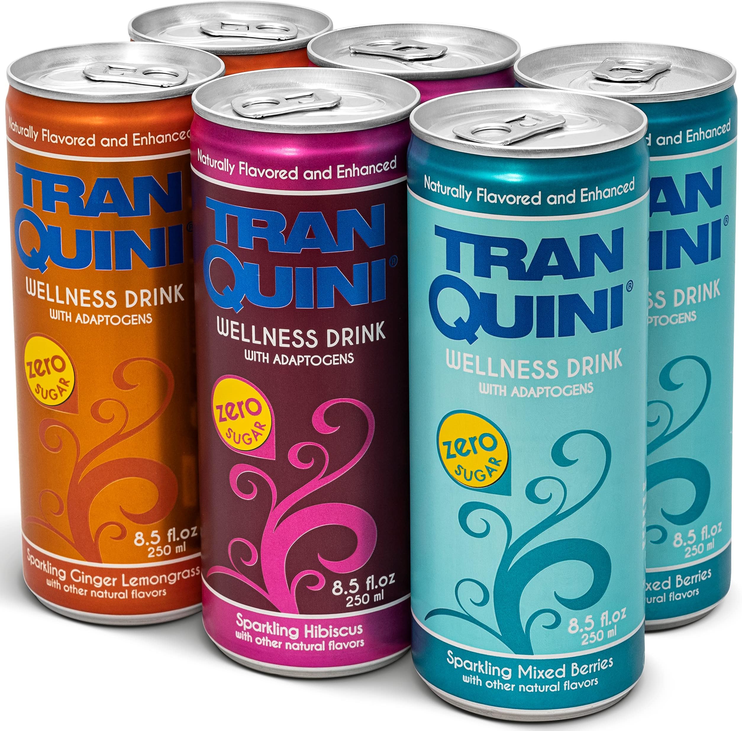Tranquini Adaptogen Drink, Sparkling Water, Gluten Free, Sugar Free, Calming Non Alcoholic Drinks with L Theanine, Green Tea, Lemon Balm & Chamomile for Stress Support - Variety Pack, 8.5 Fl Oz (Pack of 6)