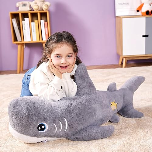 Miniatura 7 de IKASA Juguete de peluche de tiburón grande, tiburón gigante de 39 pulgadas, lindos juguetes suaves jumbo, enorme tamaño grande, esponjoso, de gran