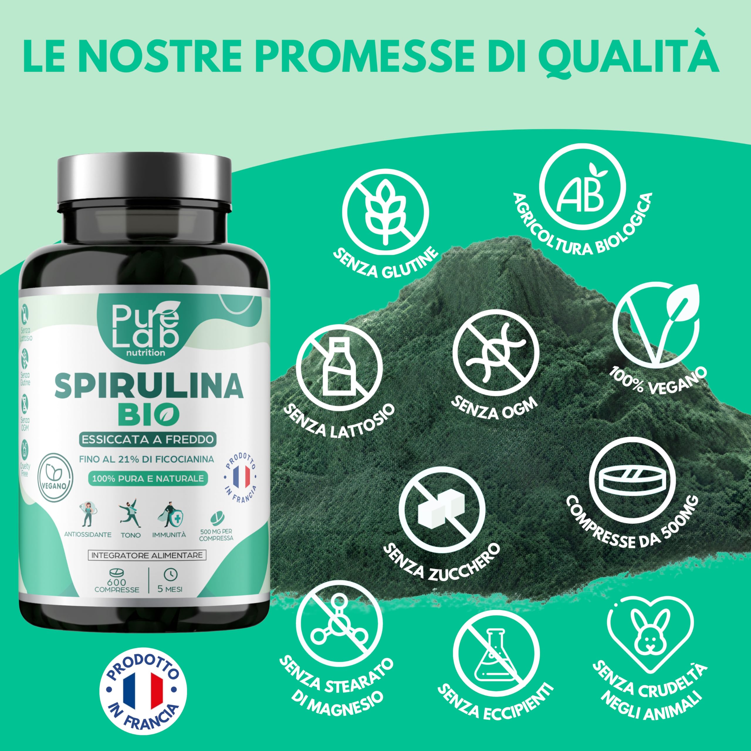 Spirulina Bio - 600 Compresse Vegan, Scorta di 5 Mesi - 21% Ficocianina, 66% Proteine - Essiccata a Freddo - Antiossidante, Energia, Immunità - Senza Eccipienti né Additivi - Prodotto in Francia