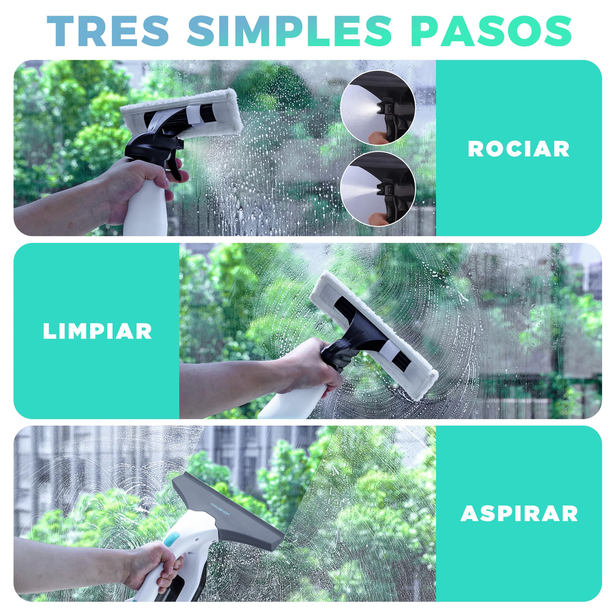 HAUSHOF Limpiadora de Cristales con Potente Succión, Aspirador de Ventanas Eléctrico 30 Min de Autonomía, 280 mm de Limpieza con Boquilla Ajustable, Enchufe USB-C, para Ventanas, Azulejos y Espejos