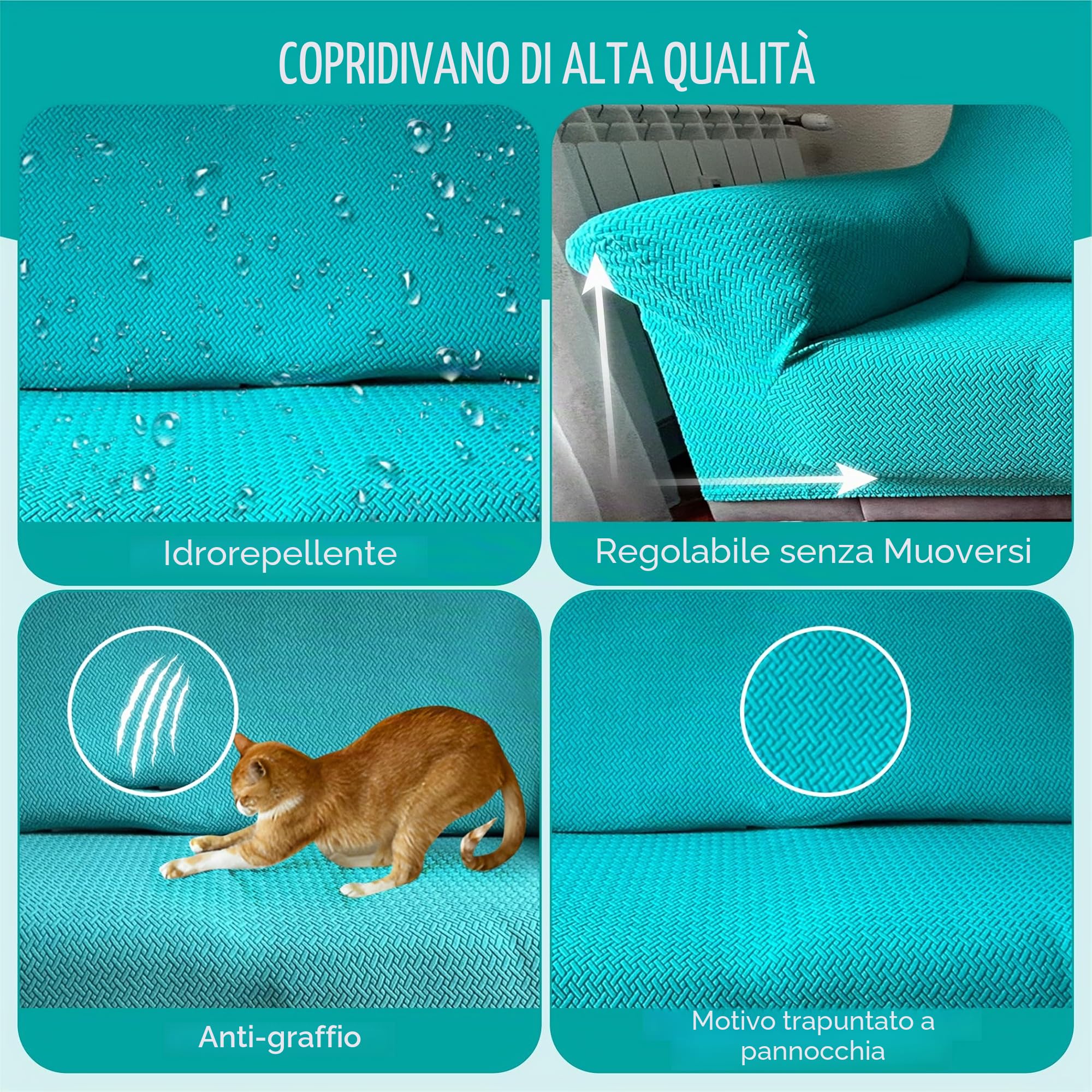 FOCARIS Home - Copridivano protettivo-regolabile e idrorepellente-copridivano 3 posti-turchese/verde (Long.max. 233 cm)-Imbottitura mais-1 pezzo-federe per divano regolabili, confezione regalo