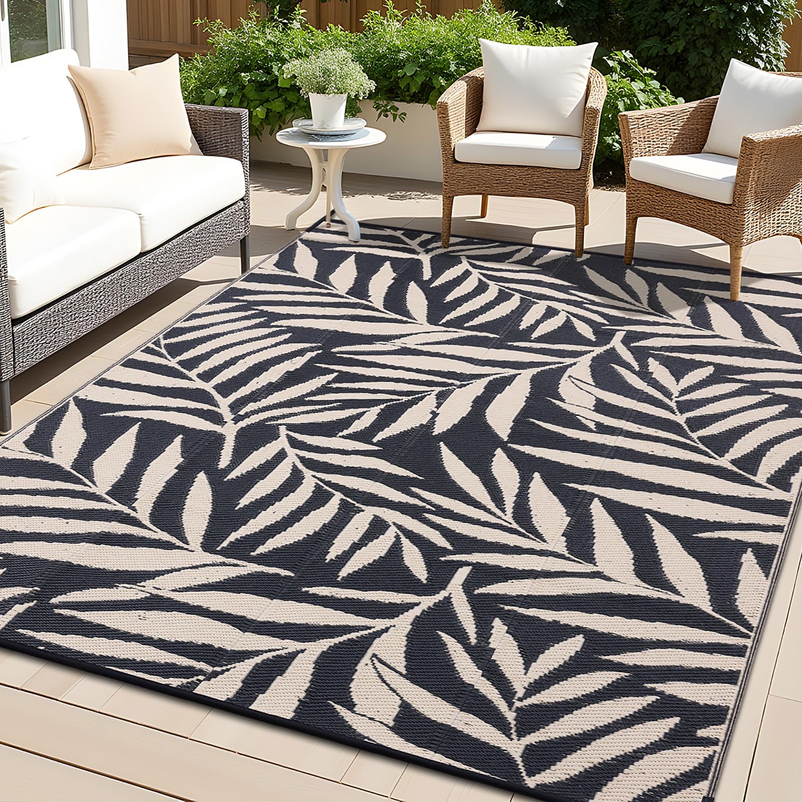 smiry Outdoor Rug Waterproof Large Garden Rugs UV-Resistant Outside Patio Carpet Reversible Plastic Straw Mat for Balcony, Camping, Picnic, Backyard- 270 x 360 cm, Black & Beige - Leaf