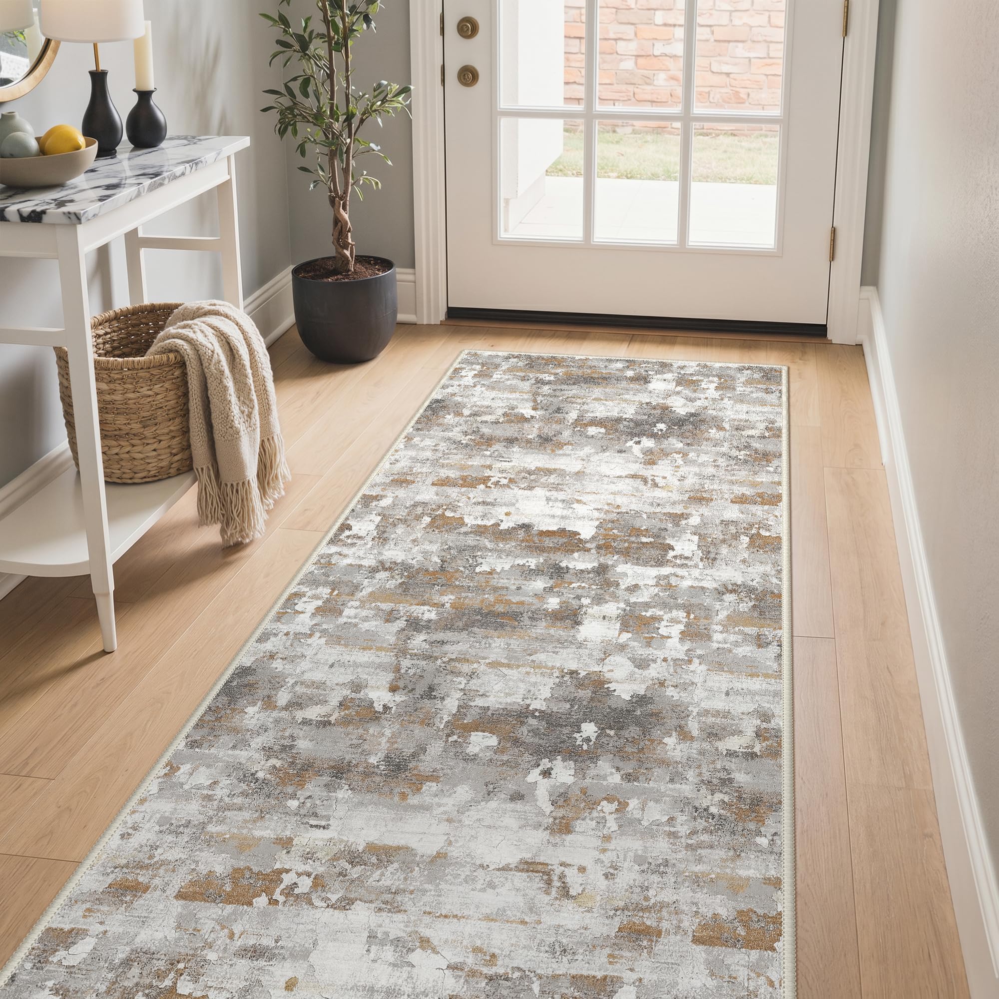 BEIMO 2x5 Runner Rug for Hallway, Amber Grey Washable Abstract Non Slip Rug