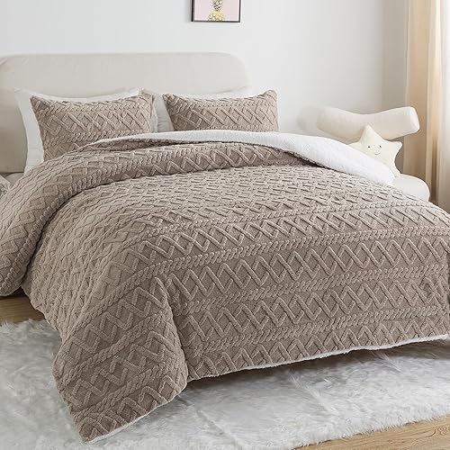 Miniatura 1 de Andency Juego de edredón de forro polar color caqui, juego de edredón de invierno de 3 piezas de felpa esponjosa, juego de cama cálido de microfibra
