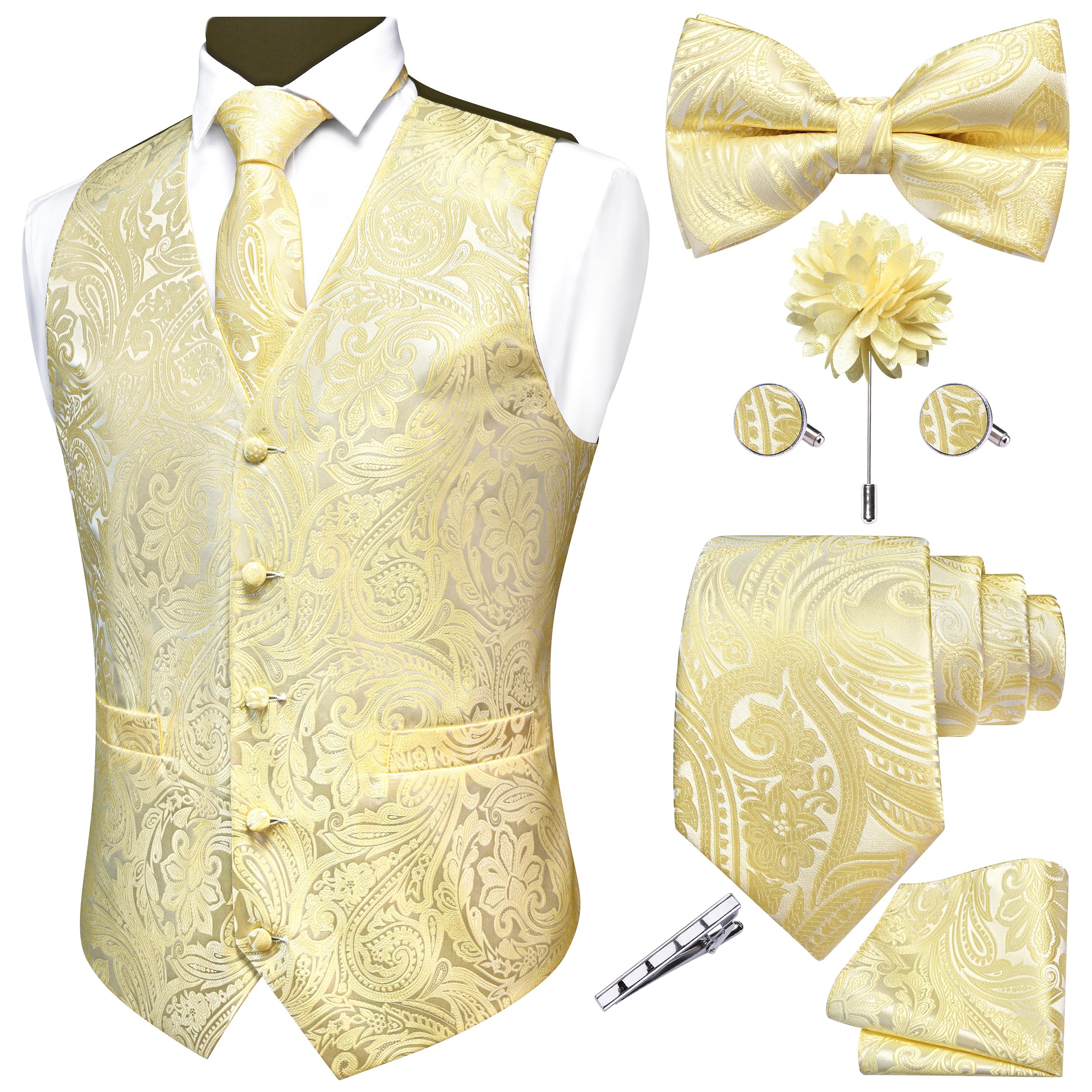 GUSLESON Formal Men Vest Paisley Floral Jacquard Tie Waistcoat Bow tie Hanky Lapel Pin Cufflinks Set Wedding 7PCS