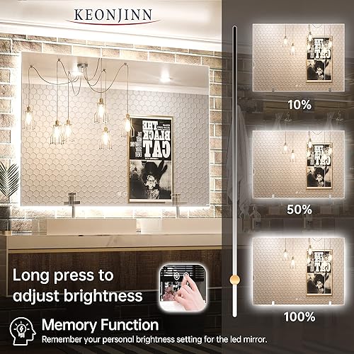 Miniatura 4 de Keonjinn - Espejo retroiluminado de 48 x 36 pulgadas, espejo retroiluminado con luces LED para el baño, espejo de tocador antiempañante, para amurar