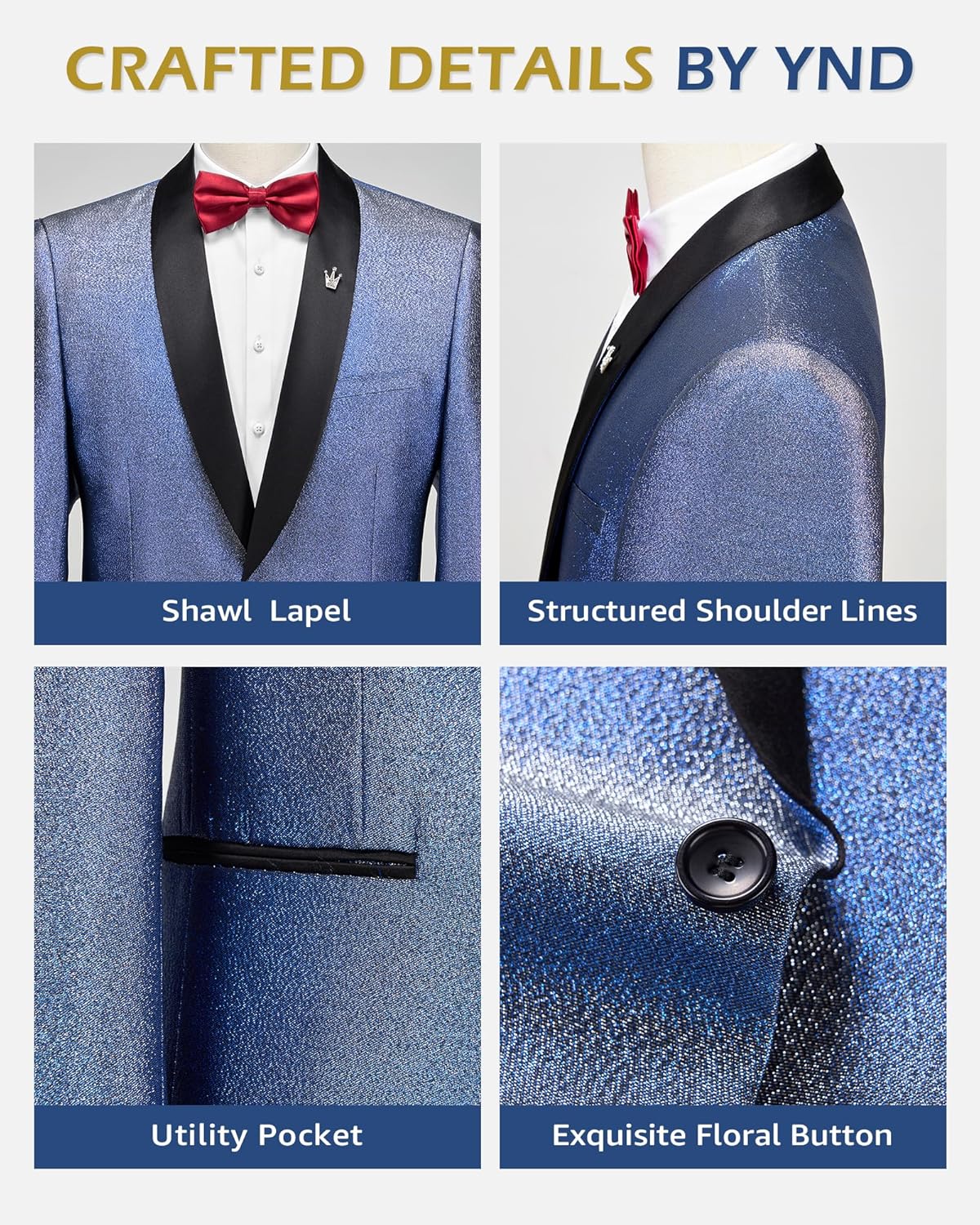 YND Men's Shiny Tuxedo Jacket, Sequin Slim Fit Blazer, One-Button Shawl Lapel Suit for Party, Prom, Wedding, Dinner - Image 4