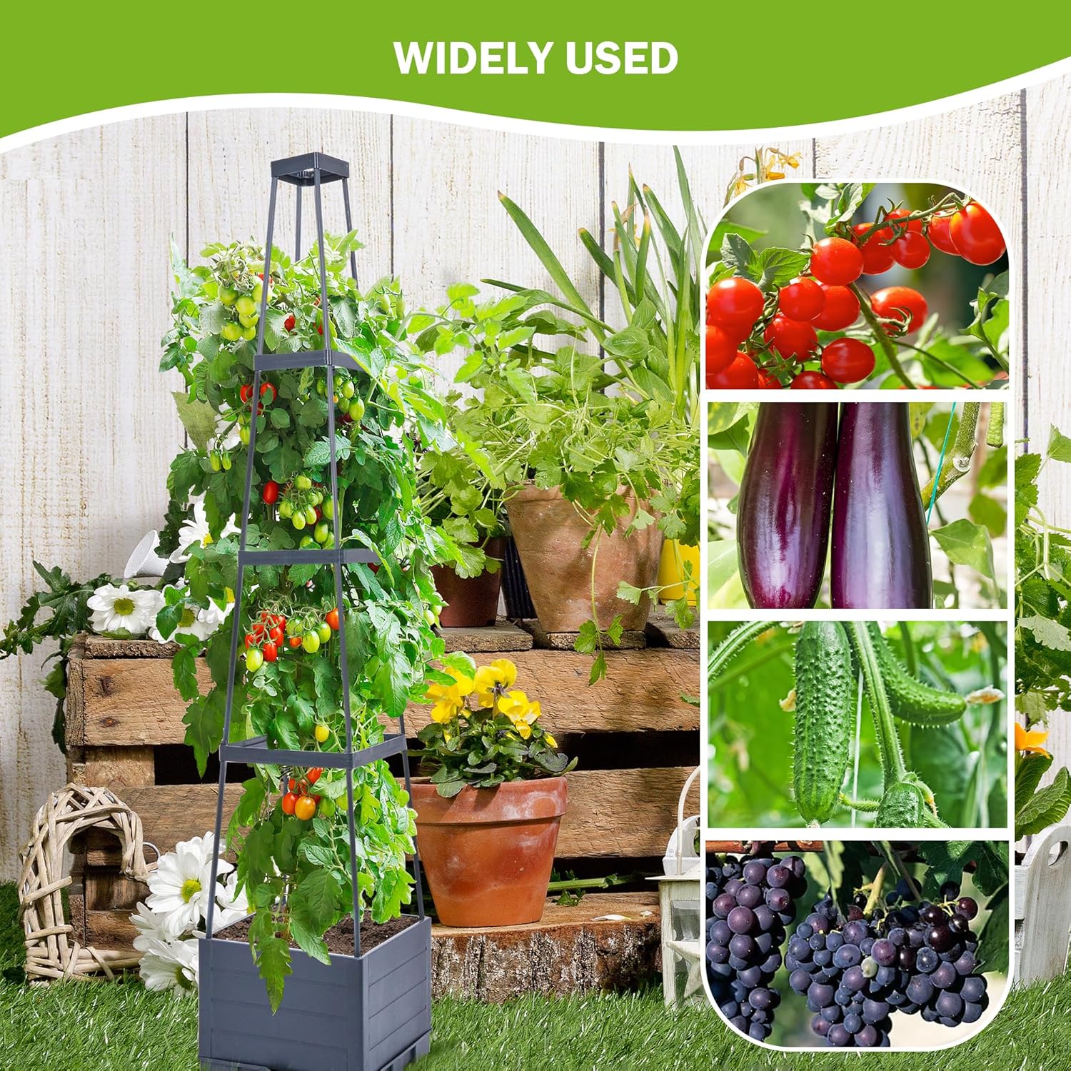 GENMOUS Raised Garden Bed with Tomato Planter Box Trellis, 56'' Tomato Cages for Garden, Tomato Planter Cage for Patio for Climbing Plants Vegetable Vine Flowers Outdoor & Indoor, 4 Pack