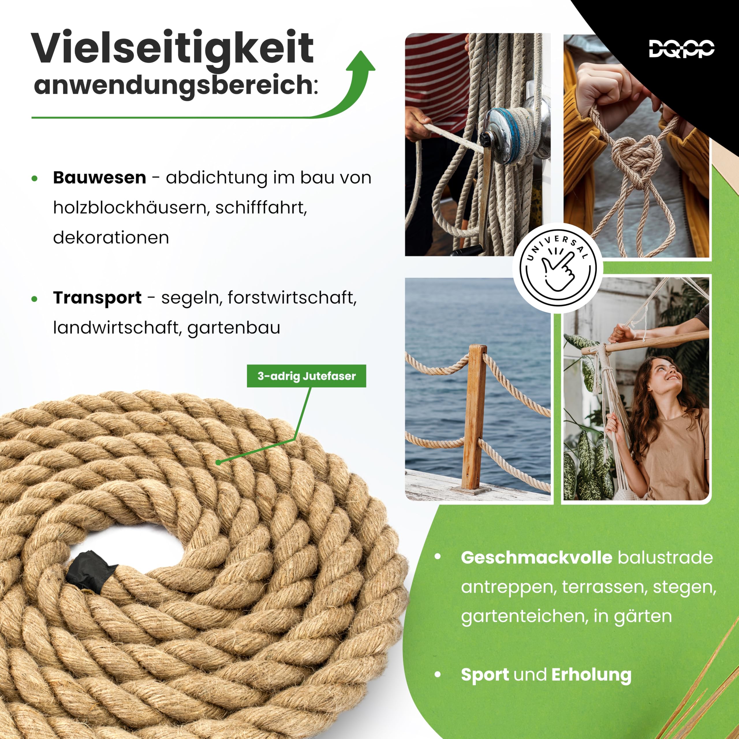 DQ-PP Cuerda de yute | 30 m | 50 mm de grosor | cordón marrón natural | decoración DIY | macramé | jardín tira y afloja pasamanos
