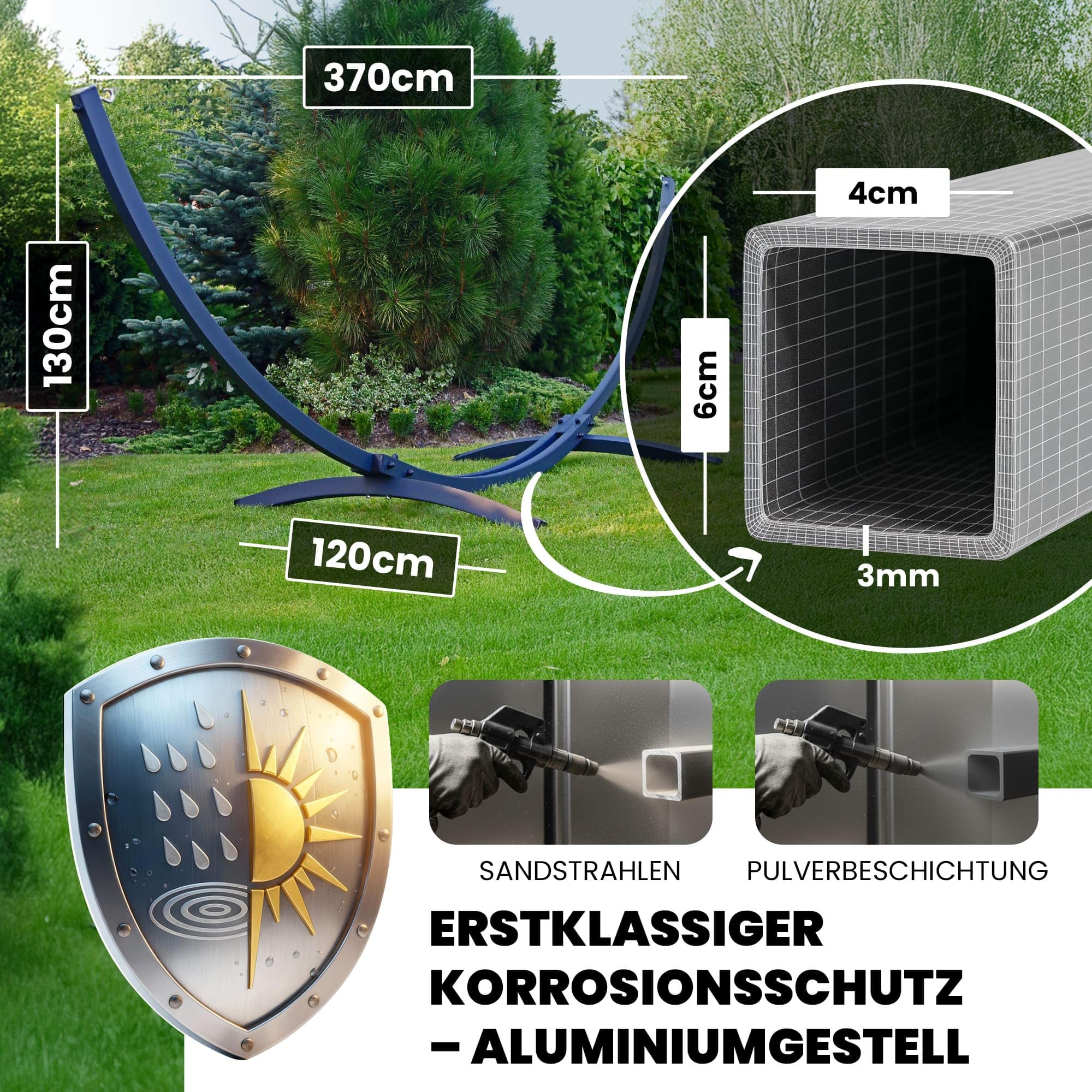 Potenza Aluminium Gestell Outdoor Hängemattengestell XXL 370cm, 200kg I Gestell für Hängematten, Rahmen aus Stahl wetterfest (Basic Graphit)