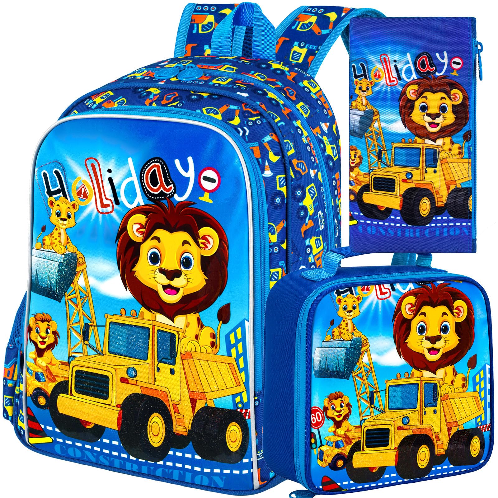 TXHVO 16" Kids Backpack for Boys, 3Pcs Excavator Bookbag Set for Elementary Preschool Kindergarten, Lion School Backpacks with Lunch Box(Blue)
